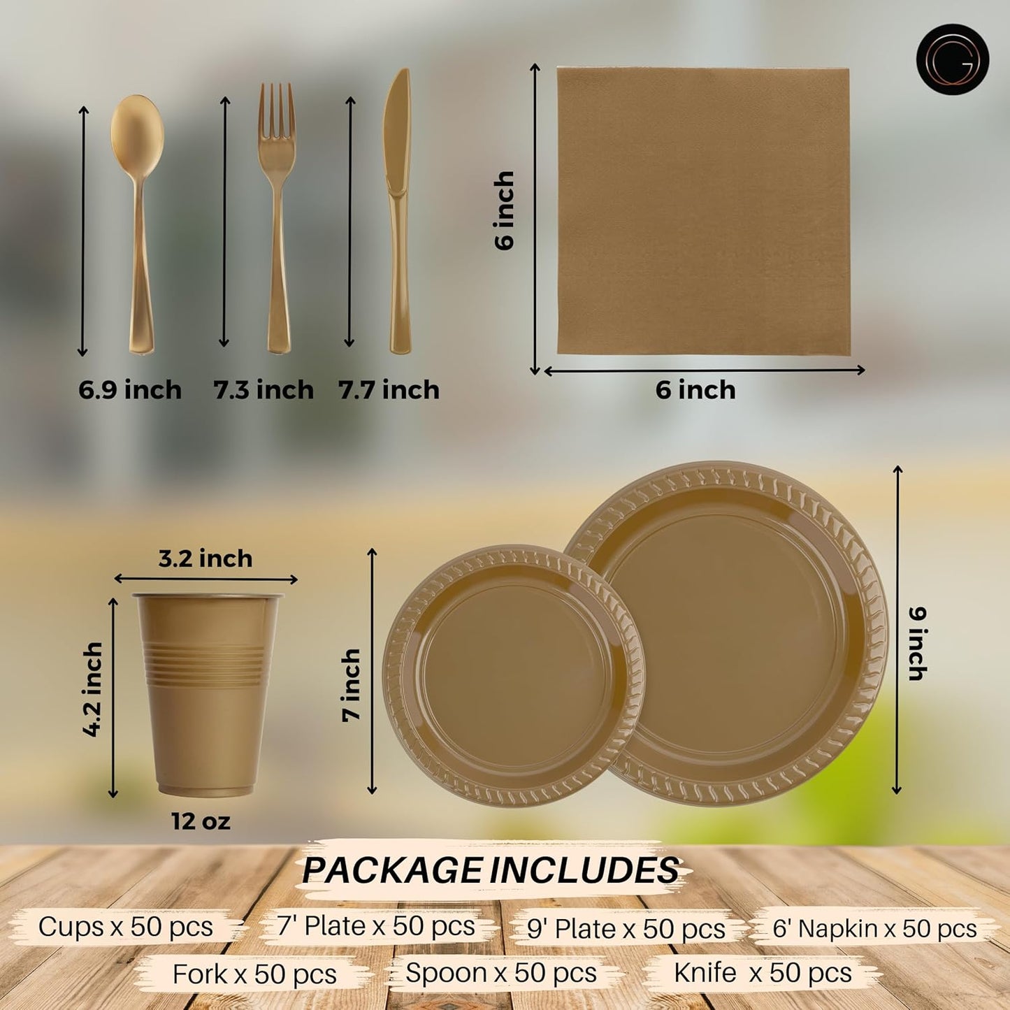 Grandipity 350 Piece Gold Disposable Dinnerware Set, Includes 50 of Each: 9" Dinner Plates, 7" Dessert Plates, 12oz Cups, Paper Napkins, Forks, Knives & Spoons