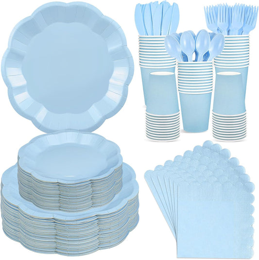 350 Pcs Light Blue Party Supplies Include Scalloped Plate Napkin Cup Forks Knives, Plastic Cutlery 50 Guest Disposable Party Tableware Set for Wedding Baby Shower Bridal Shower Birthday Parties