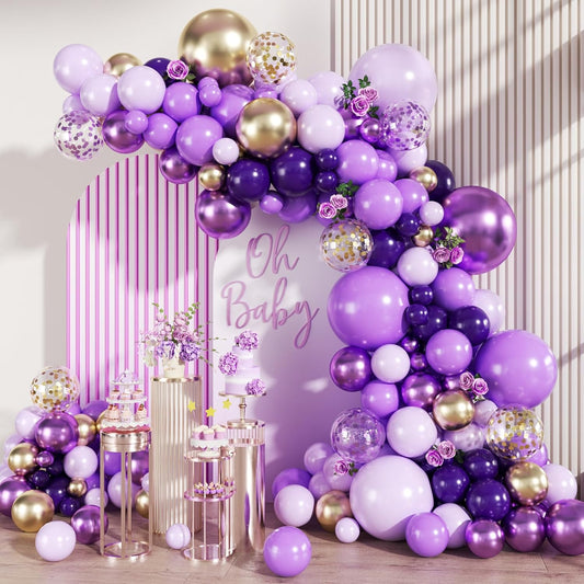 Purple Black and Gold Balloon Arch Kit, 147PCS Latex Balloons Different Sizes 18 12 10 5 inch for Baby Shower Girl Princess Birthday Wedding Engagements Anniversary Party Decoration
