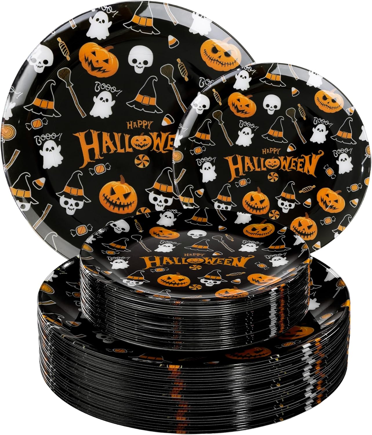 I00000 60 Pcs Halloween Plastic Plates Serve 30 Guests Include: 30 Dinner Party Plate, 30 Dessert Plastic Plate Disposable, Halloween Disposable Plates Perfect for Ghost-Themed Parties and Events