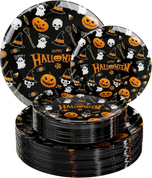 I00000 60 Pcs Halloween Plastic Plates Serve 30 Guests Include: 30 Dinner Party Plate, 30 Dessert Plastic Plate Disposable, Halloween Disposable Plates Perfect for Ghost-Themed Parties and Events