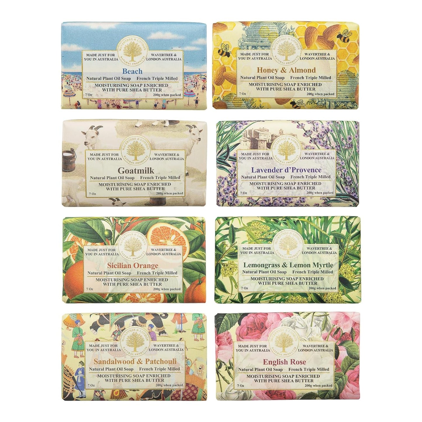 Wavertree & London Assorted Favorites 8 Bars Scented Natural Soap Bars, 7oz Each Moisturizing French Triple Milled Soap Bars Enriched with Shea Butter and Pure Plant Oils | All Body & Bath Soap