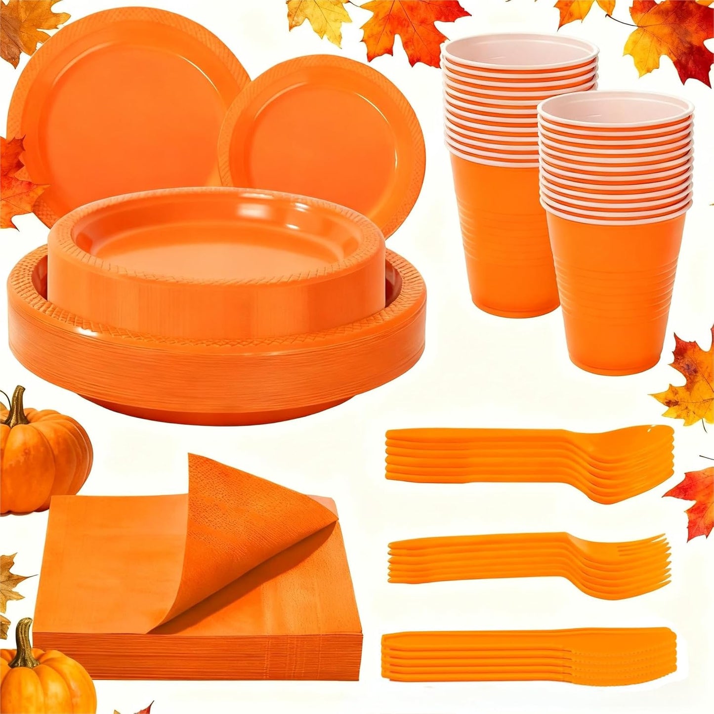 WELLIFE 210Pcs Orange Disposable Plates,Thanksgiving Plastic Plates,Includes: Orange Plates,Disposable Cutlery,12OZ Cups and Napkins Serve 30 Guests,Plastic Dinnerware Set for Thanksgiving
