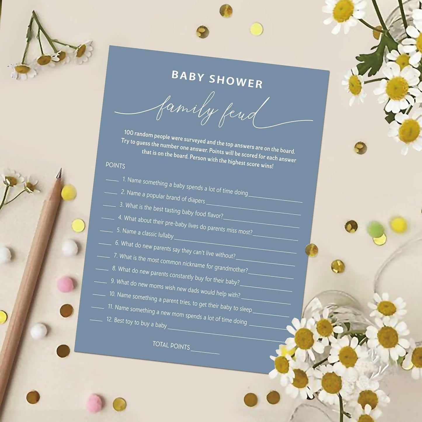 Family Feud Baby Shower Game - Pack of 30 Cards, Answer Key, Gender Neutral Decorations, Feud Game Supplies-07D-Mazarine