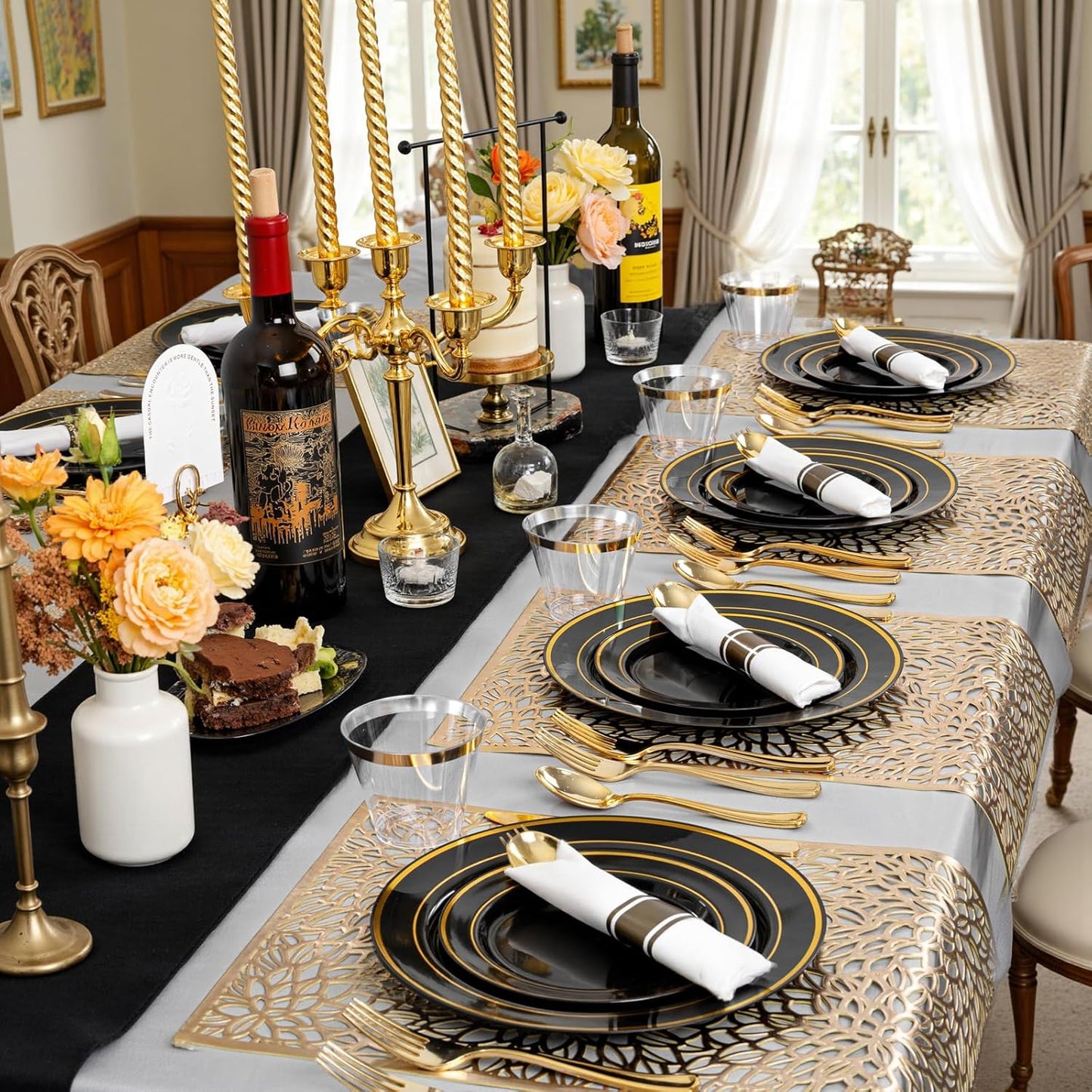 175PCS Black and Gold Plates - Black Disposable Plates for Party - 25Guests Disposable Dinnerware Set for New Year/Wedding