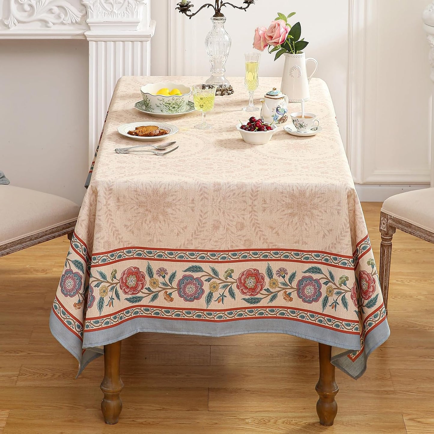 Beige Linen Rectangle Extra Long Tablecloth,Vintage Indian Style Soft and Colorfast Floral Tablecloths,Decor Table Cover for Kitchen,Dining,Thanksgiving,67"*118"-Flowershadow E