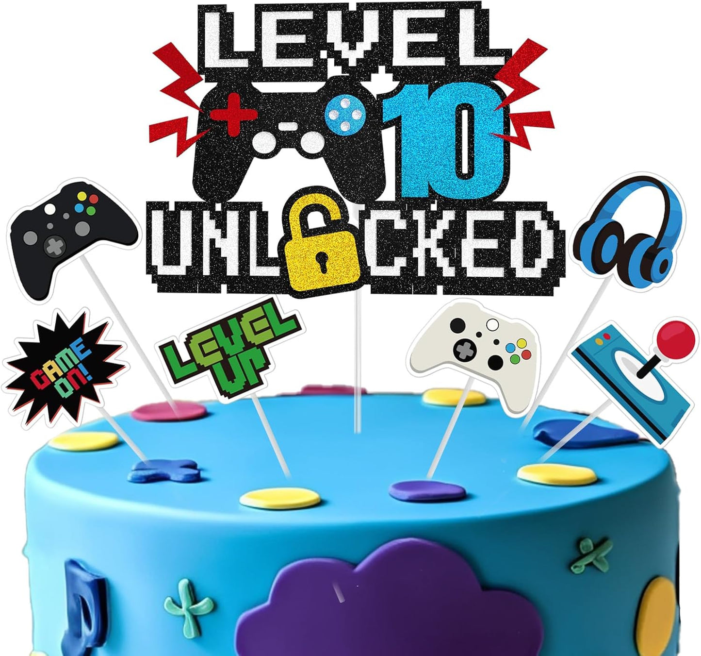 Video Game Cake Topper, Level 10 Unlocked Cake Topper, Happy 10th Birthday Game Party Decorations for Boys Girls, Video Game Controller Themed Birthday Party Supplies for Game Fans, Kids and Men