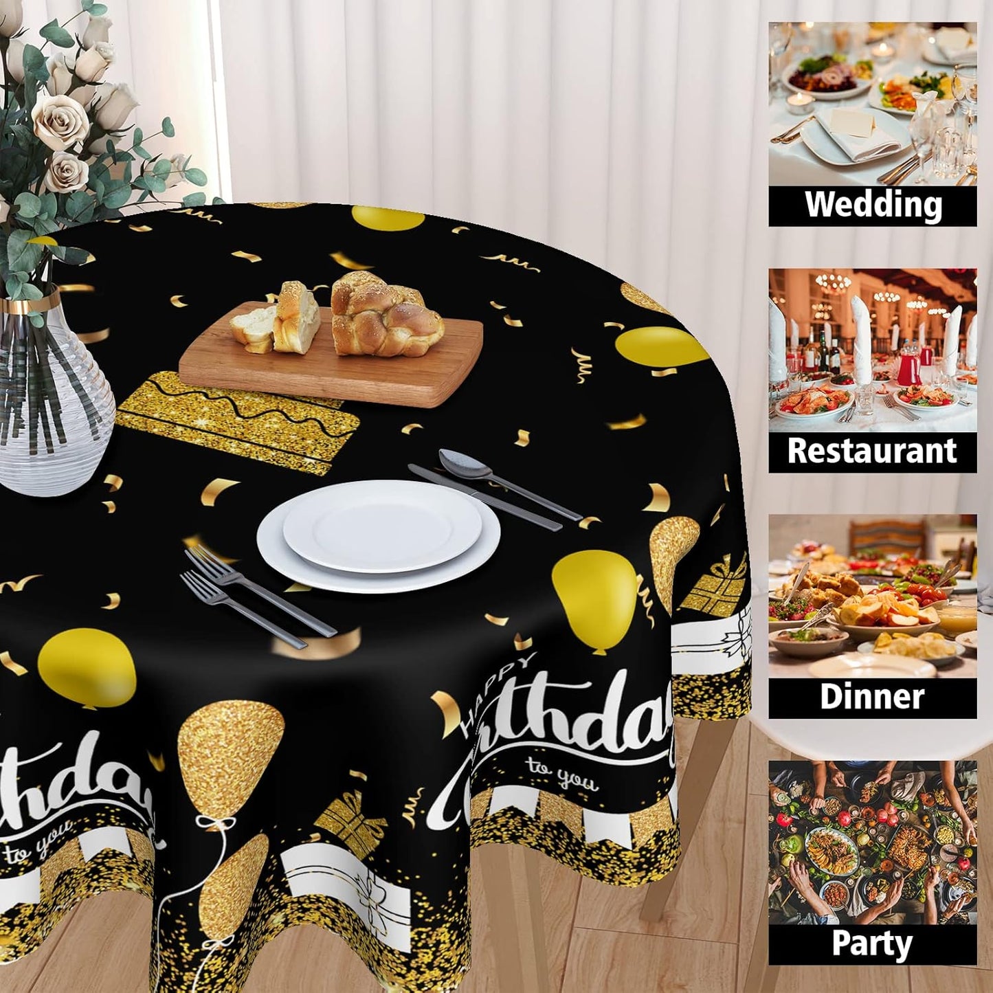 Giwawa Happy Birthday Round Tablecloth 60" Black Gold Birthday Cake Confetti Flags Balloons Gifts Decorative Circle Table Cloth Cover Stain & Wrinkle Resistant for Dining Room Kitchen Indoor Outdoor