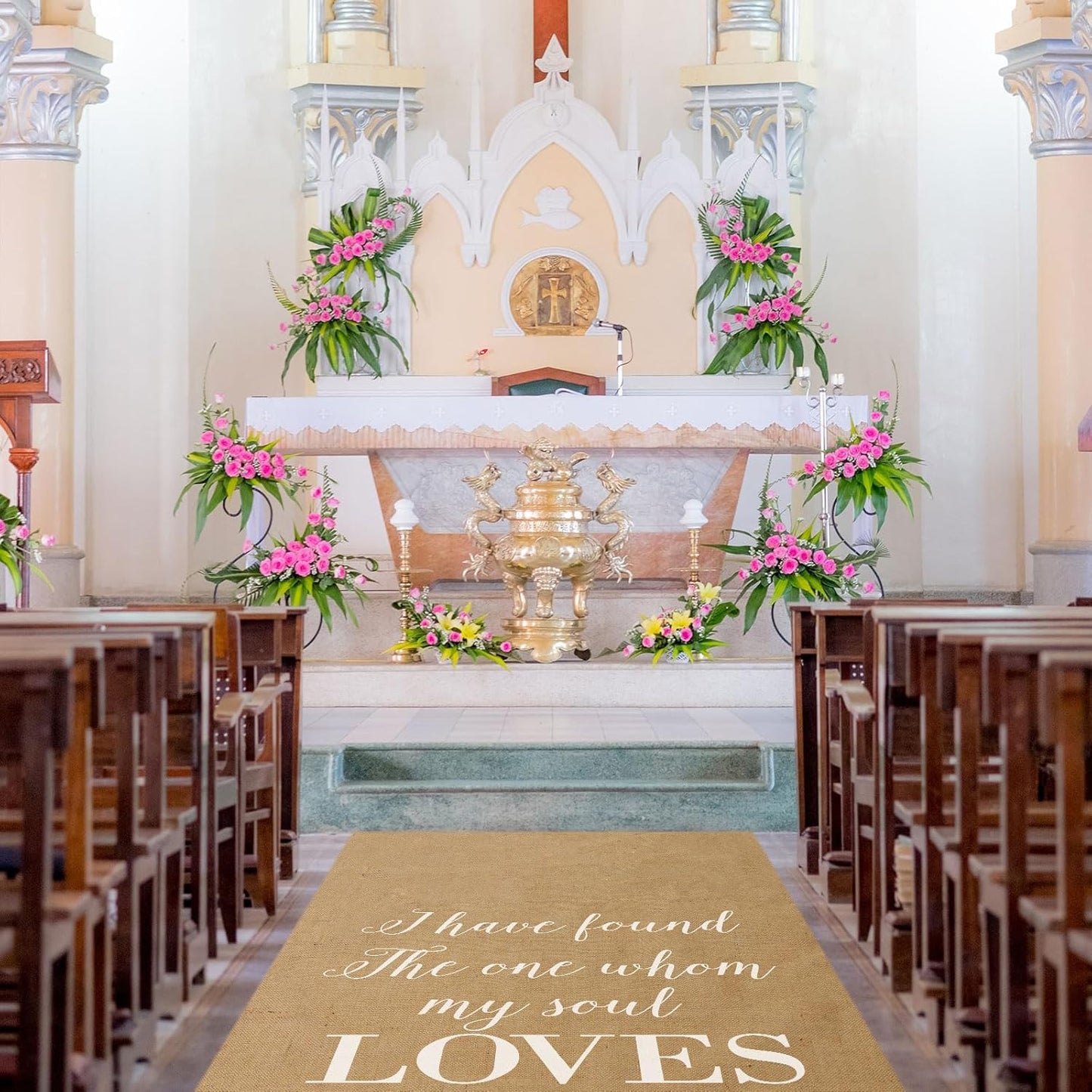 Tudomro 40 Inch x 15 Ft Extra Long Natural Burlap Wedding Aisle Runner Outdoor Jute Burlap Aisle Runner for Wedding Ceremony Rustic Indoor Carpet for Walkway (Love Style)