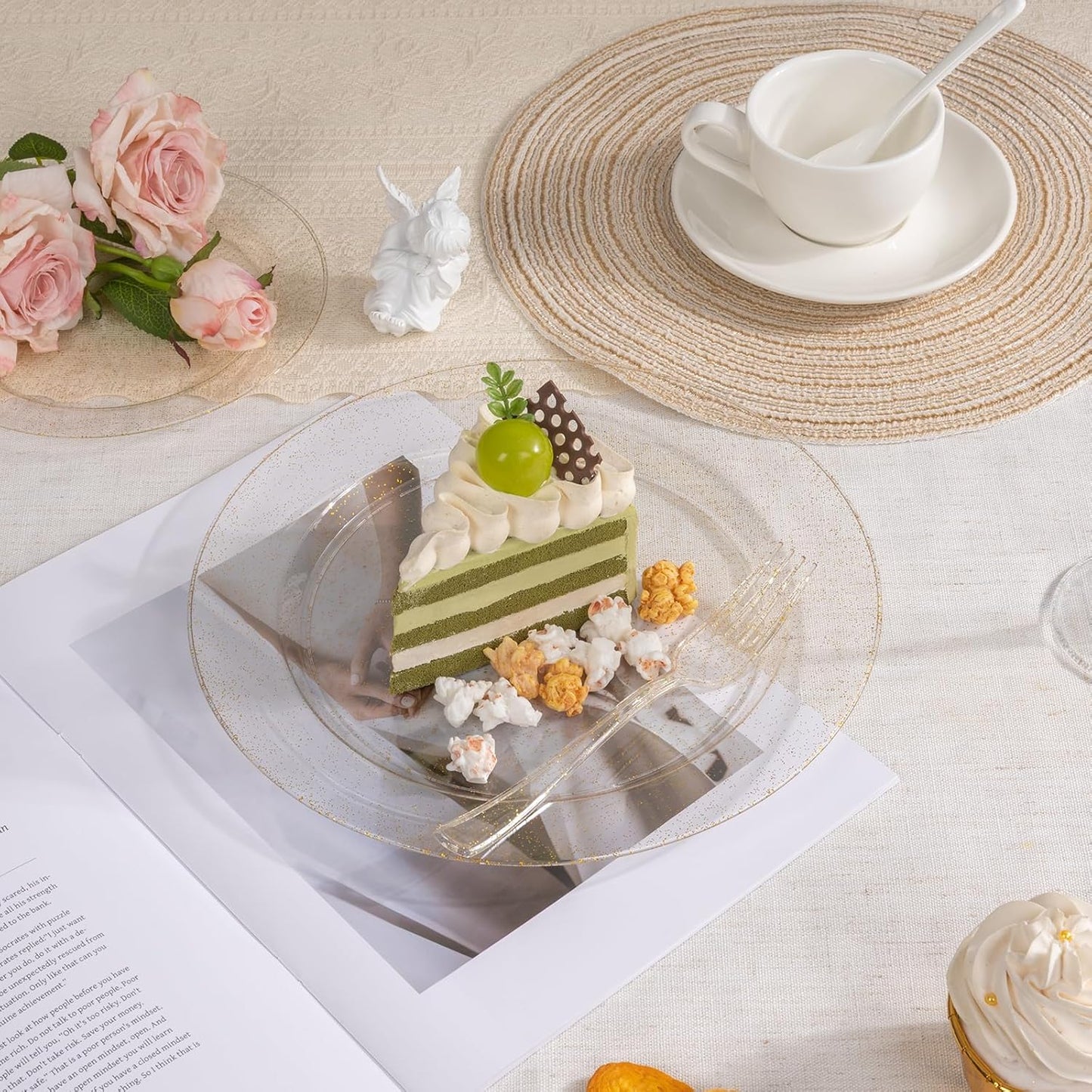 350 PCS Transparent Base With Pink Tint Plastic Dinnerware Set for 50 Guests, 100 Plates for Party, 50 Pre Rolled Napkins with Gold Silverware, 50 Cups