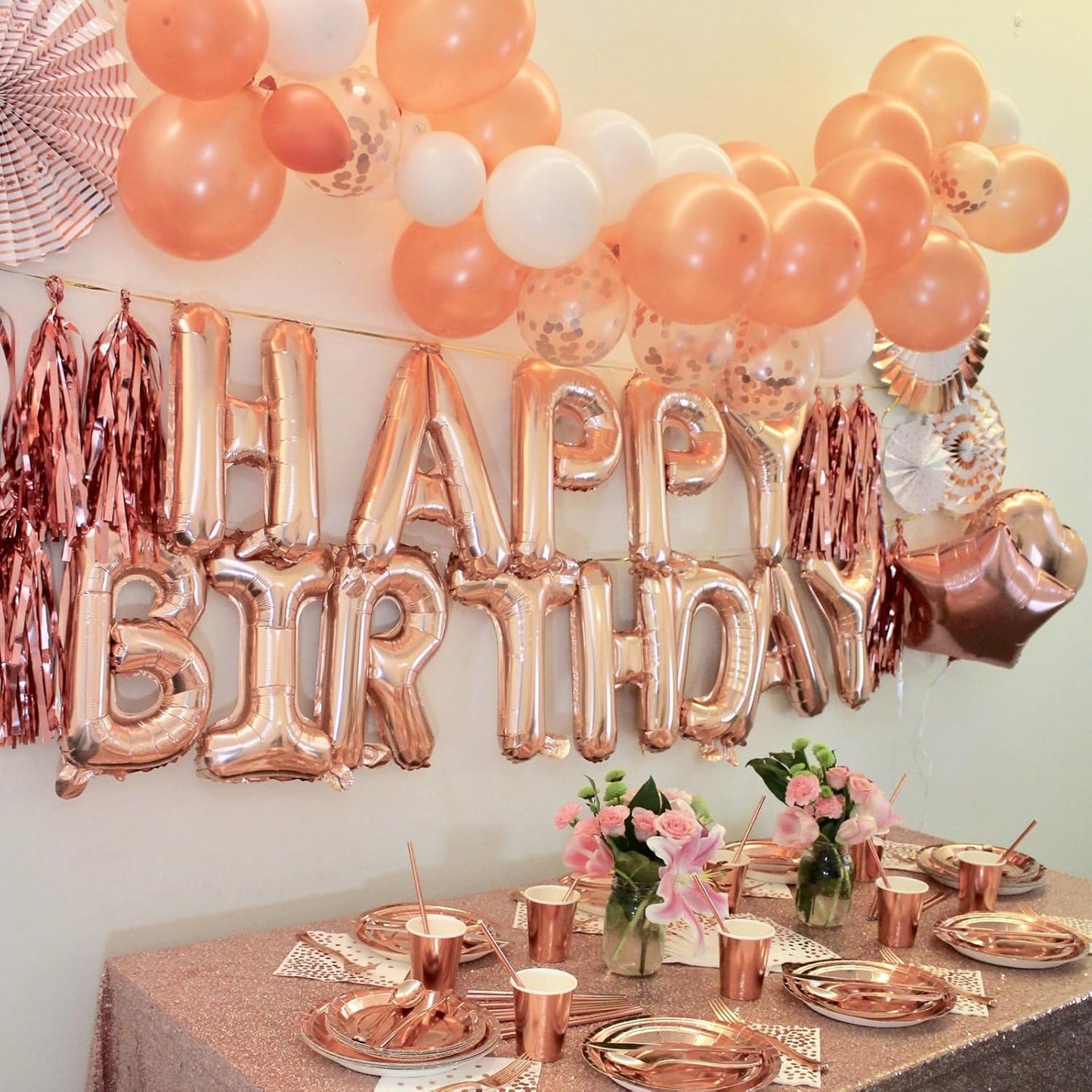 Rose Gold Happy Birthday Balloon Banner, 16 Inch Foil Mylar Happy Birthday Balloons Letters, Reusable Happy Birthday Sign, Rose Gold Birthday Decorations for Women and Girls