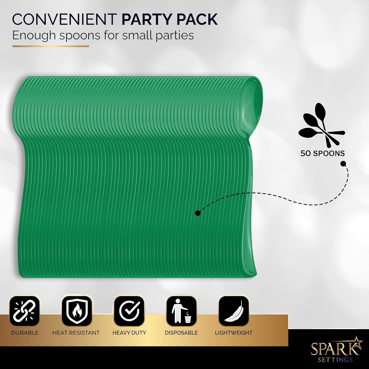 Green Disposable Plastic Spoons - Heavy Duty Silverware, Ideal for Hot & Cold Food, Perfect for Home, Office, School, Parties & Weddings - 50 Pack