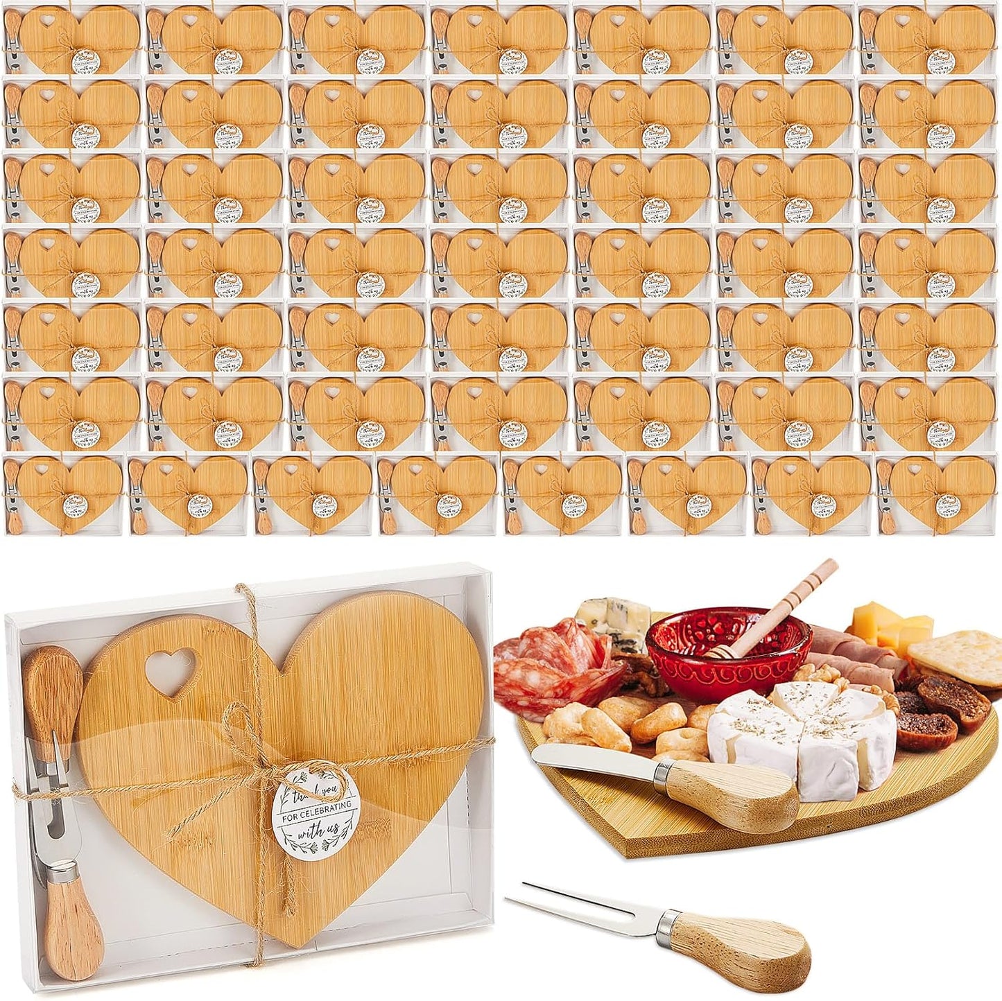 Patelai 50 Set Bridal Shower Favor Heart Cheese Board Cheese Knives Wood Mini Charcuterie Board Thank You Gift Box for Guest Bridal Baby Shower Prize Wedding Birthday Valentines (Bamboo Color)