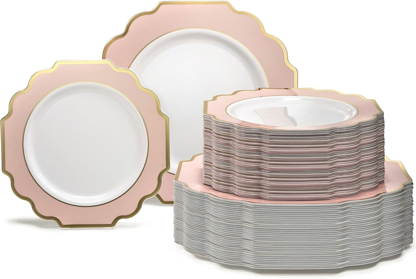 " OCCASIONS " 120 Plates Pack,(60 Guests) Heavyweight Premium Wedding Party Disposable Plastic Plates Set -60 x 10.5'' Dinner + 60 x 8'' Salad/Dessert(Imperial in Blush & Gold)