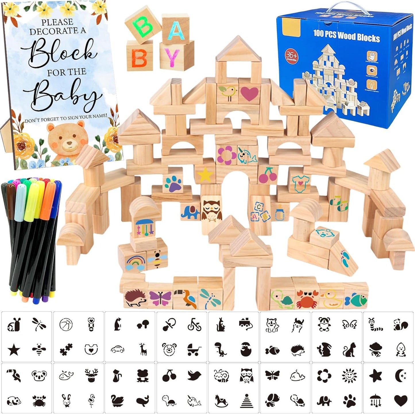 141 Pcs Baby Shower Game Sign Set Includes Decorative Square Signs 100 DIY Blank Wooden Blocks 20 Paint Markers(Bear)