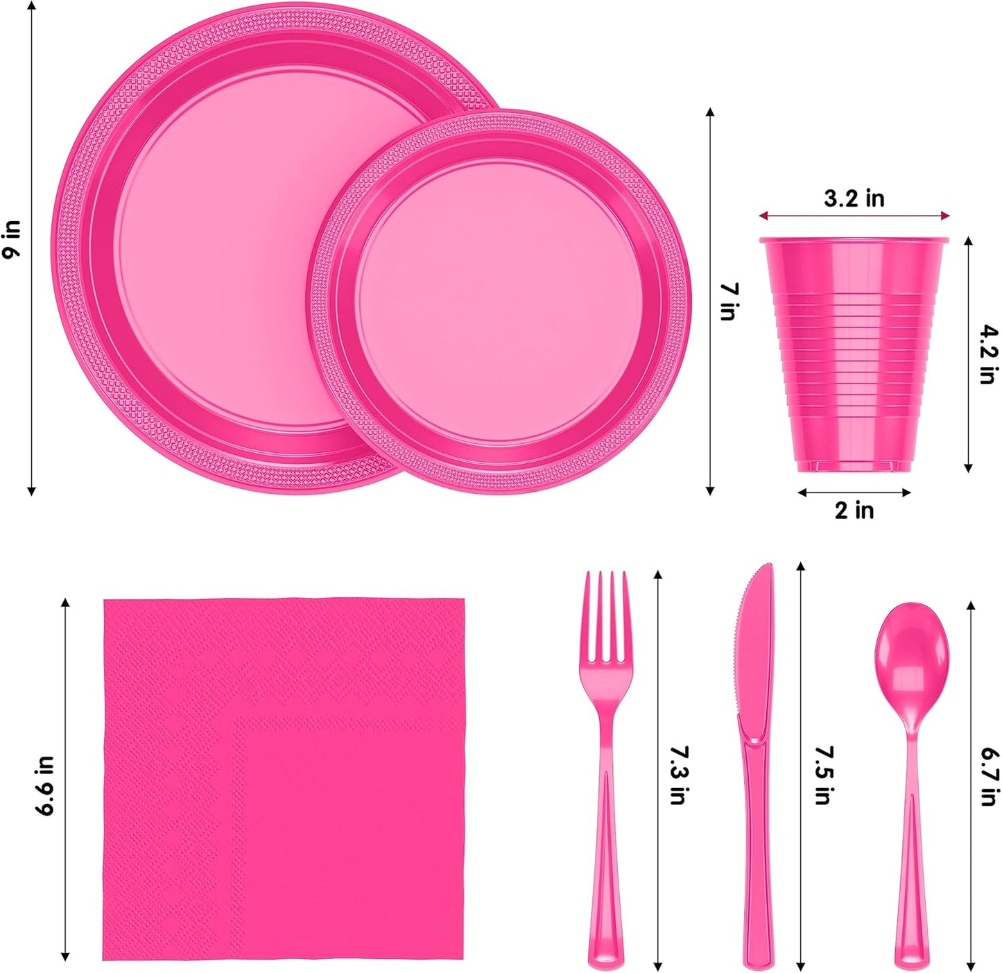 350 Pcs Cerise Plastic Plates For Party, Cerise Disposable Plates Set, 50 Of Each 9" Dinner Plate Set, 7" Dessert Plate, Cups, Napkins & Cutlery Plastic Dinnerware Exquisite