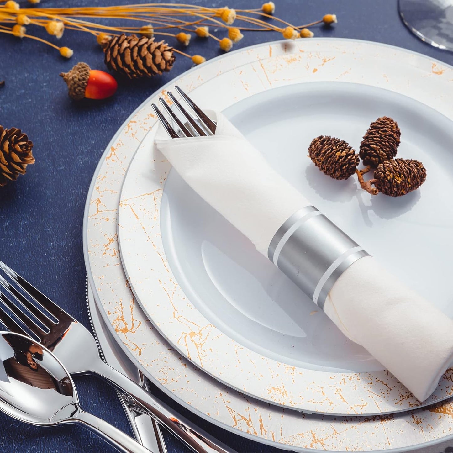 N9R 30 Pack Pre Rolled Silver Plastic Cutlery Set, Wrapped Plastic Silverware Set with 30 Forks, 30 Knives, 30 Spoons and 30 Napkins, Disposable Cutlery Set for Party and Wedding