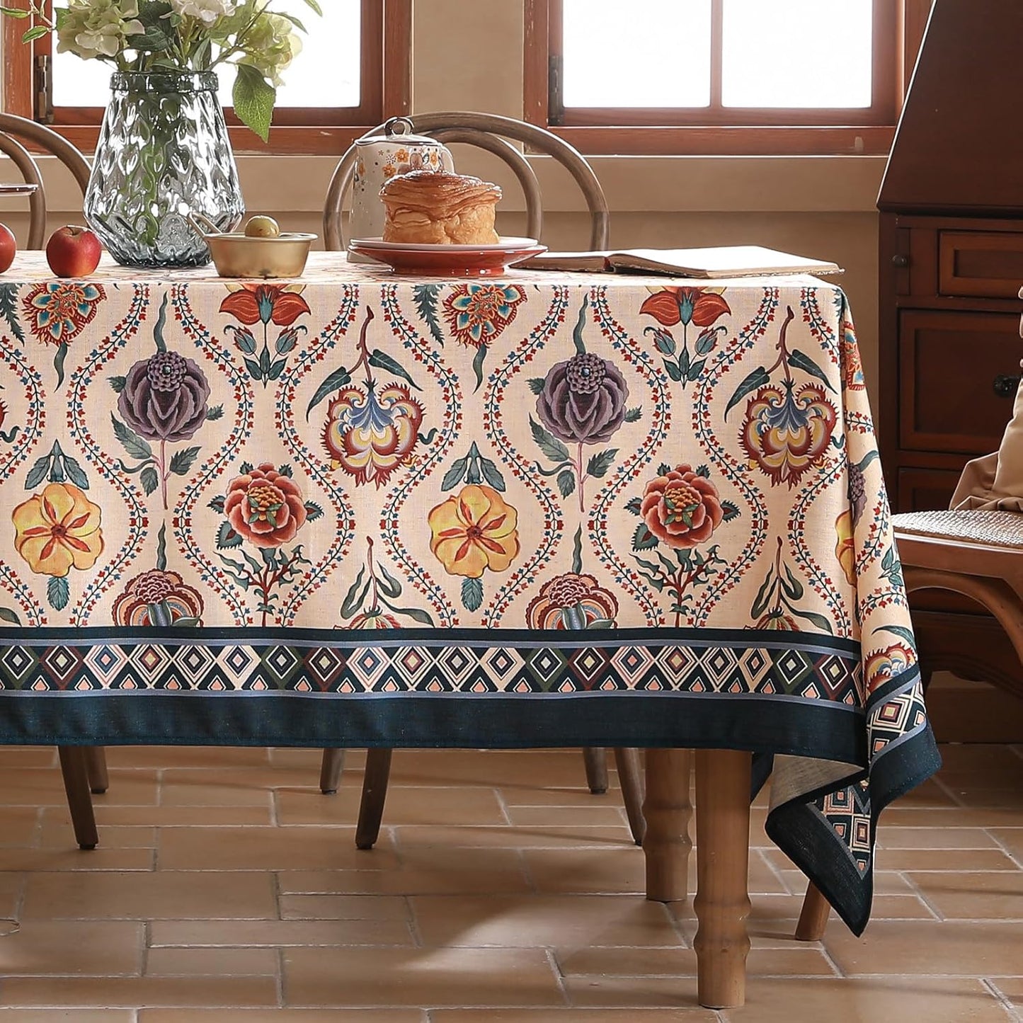 Vintage French Small Square Tablecloth,Linen Durable Tablecloth with Rose and Cornflower Pattern,Decorative Table Cover for Kitchen,Dining,Thanksgiving,Christmas,Tea Party,55"*55"-Lanae