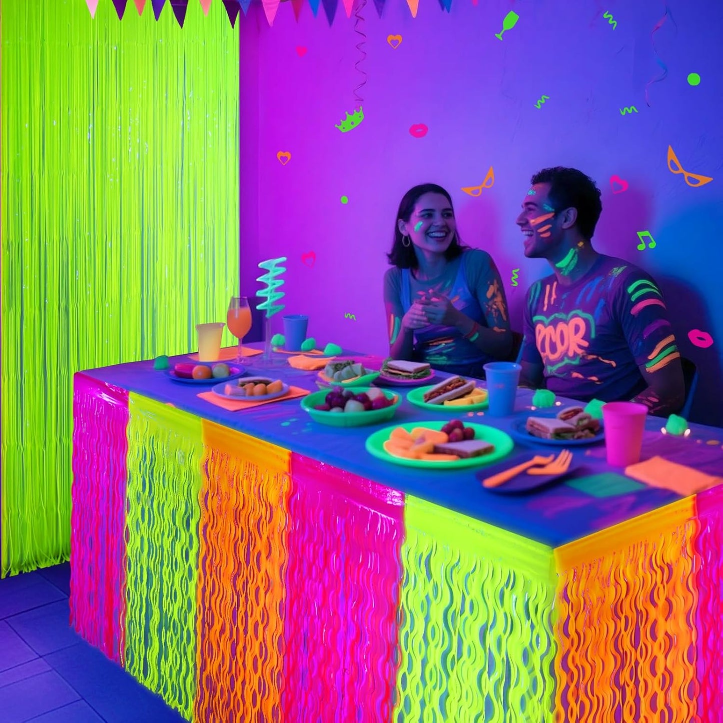 Mega-L Glow in The Dark Party Supplies, 2 Pack Neon Party Decorations Fluorescent Macaron Orange, Yellow and Fuchsia Wavy Metallic Tinsel Foil Fringe Table Skirts, Perfect Table Decors Glow Decors