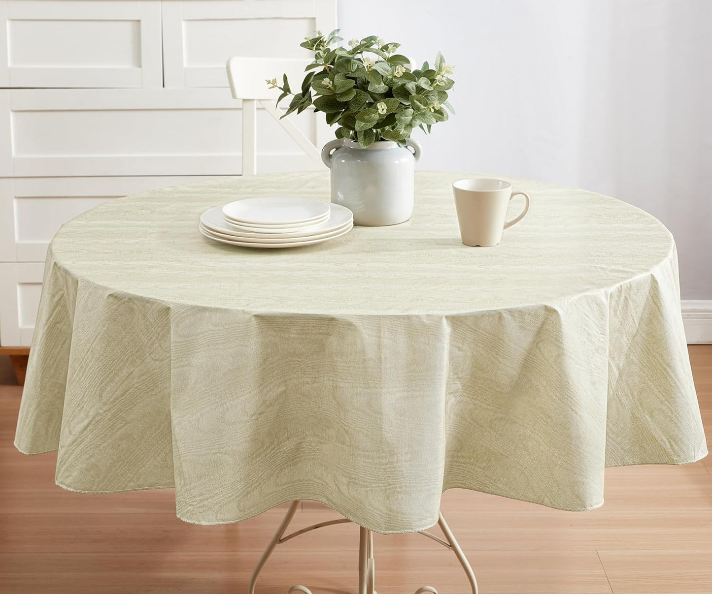 Newbridge Vinyl Flannel Backed Tablecloth, 60 x 84 Inch Oval, Beige Moire Wavy Solid Design, Heavyweight Indoor Outdoor Waterproof Table Cover, Easy Care Wipe Clean