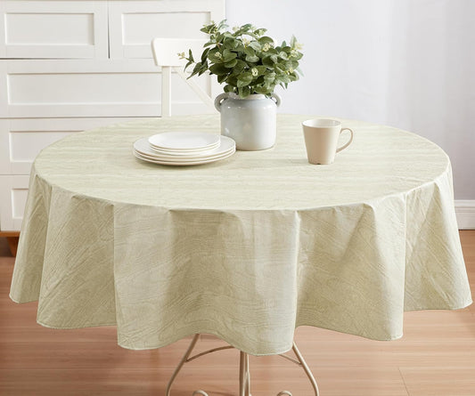 Newbridge Vinyl Flannel Backed Tablecloth, 60 x 84 Inch Oval, Beige Moire Wavy Solid Design, Heavyweight Indoor Outdoor Waterproof Table Cover, Easy Care Wipe Clean