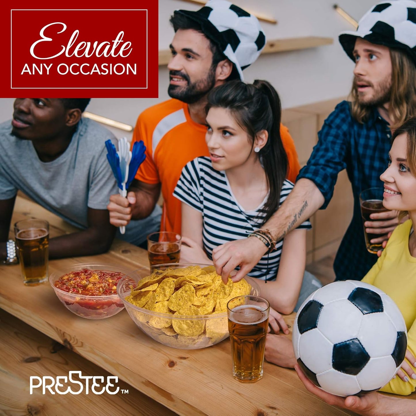 Prestee Clear Plastic Serving Bowls, 96 Oz. 6 Pack - Round Disposable Large Plastic Bowl, Punch, Party, Chip Bowl Containers for Candy, Salads, Parties, and Serving Food - Salad Bowls Dish for Eating