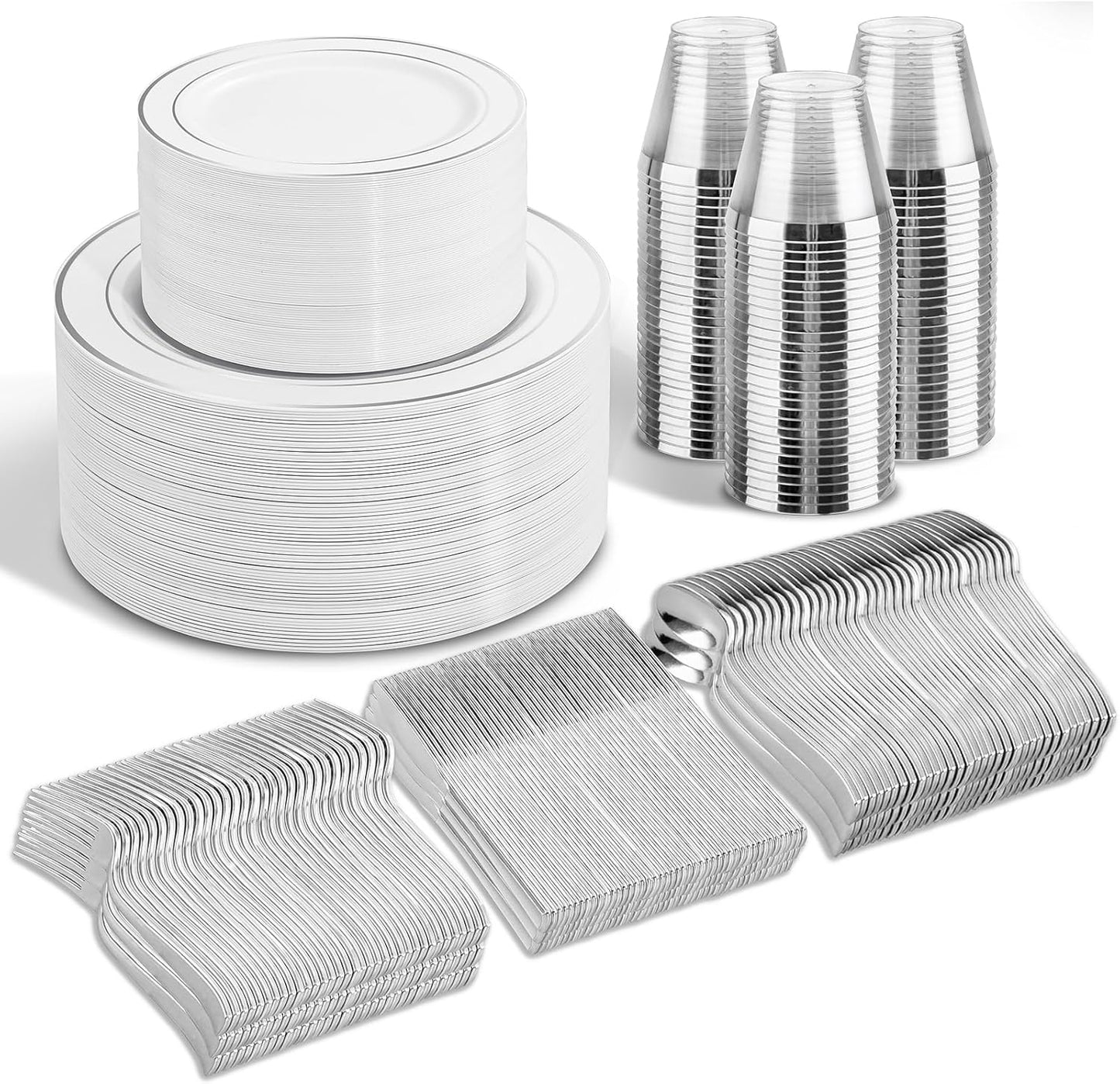 WELLIFE 600 Pcs Sliver Disposable Dinnerware for 100 Guests, Dinnerware Set of 100 Dinner Plates, 100 Salad Plates, 100 Spoons, 100 Forks, 100 Knives, 100 Cups