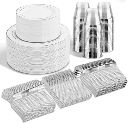 WELLIFE 600 Pcs Sliver Disposable Dinnerware for 100 Guests, Dinnerware Set of 100 Dinner Plates, 100 Salad Plates, 100 Spoons, 100 Forks, 100 Knives, 100 Cups