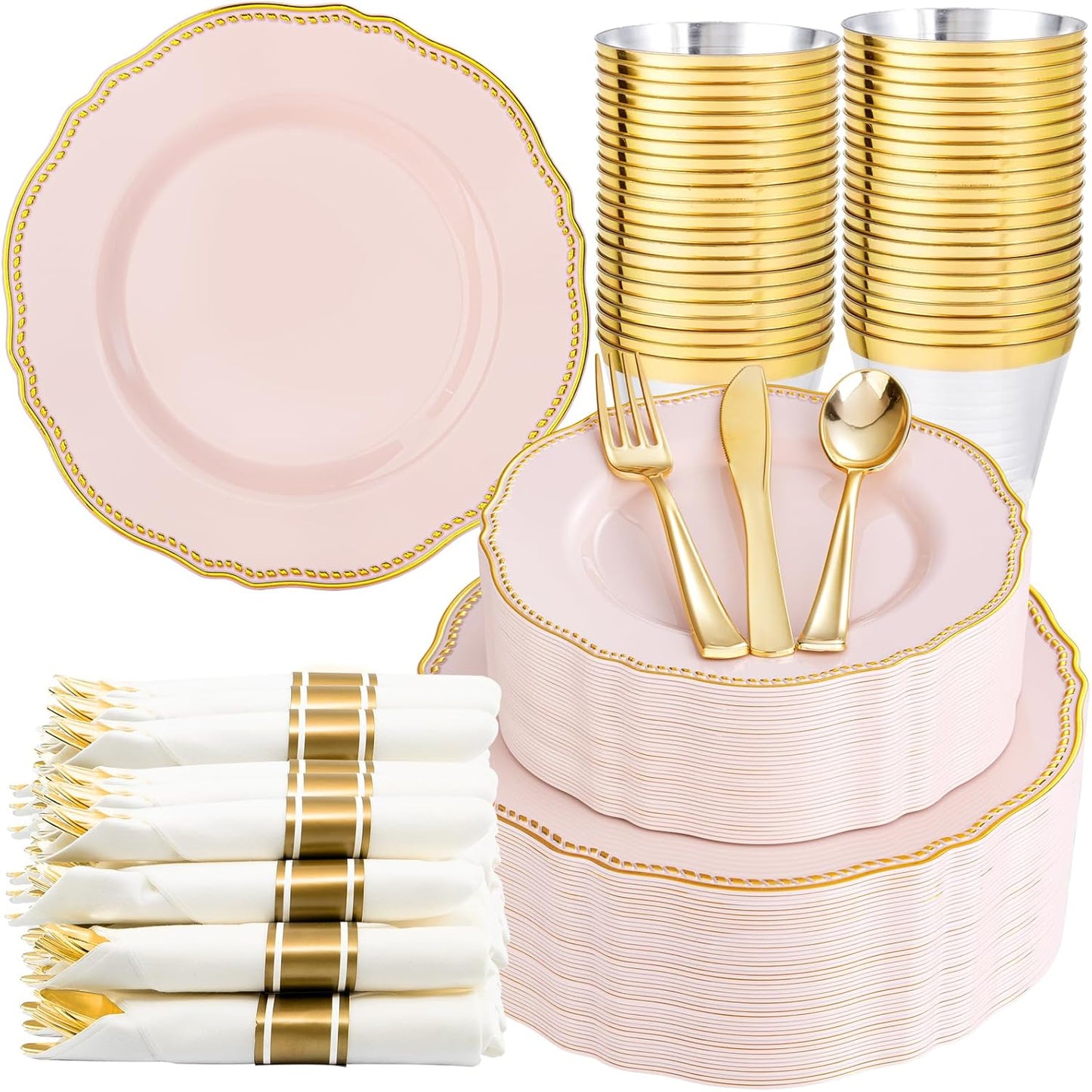Hioasis 350pcs Pink and gold Plastic Plates - Pink Plastic Dinnerware Set Includes 50 Dinner Plates, 50 Dessert Dinnerware, 50 Cups, 50 Rolled Napkin Cutlery Perfect for Wedding & Party