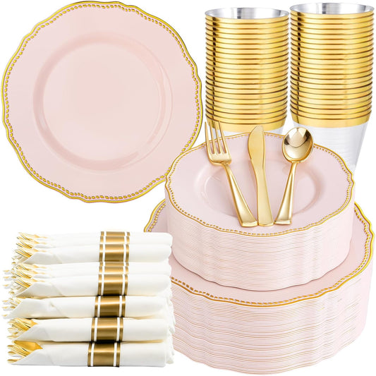 Hioasis 350pcs Pink and gold Plastic Plates - Pink Plastic Dinnerware Set Includes 50 Dinner Plates, 50 Dessert Dinnerware, 50 Cups, 50 Rolled Napkin Cutlery Perfect for Wedding & Party