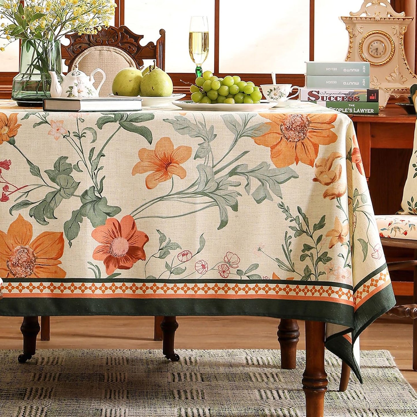 French Small Tablecloth for Rectangle Table,Linen Orange Floral Wrinkle Resistant Tablecloths,Decorative Table Cover for Kitchen,Dining,Tea Party,Thanksgiving,Christmas,55"*71"-Milch