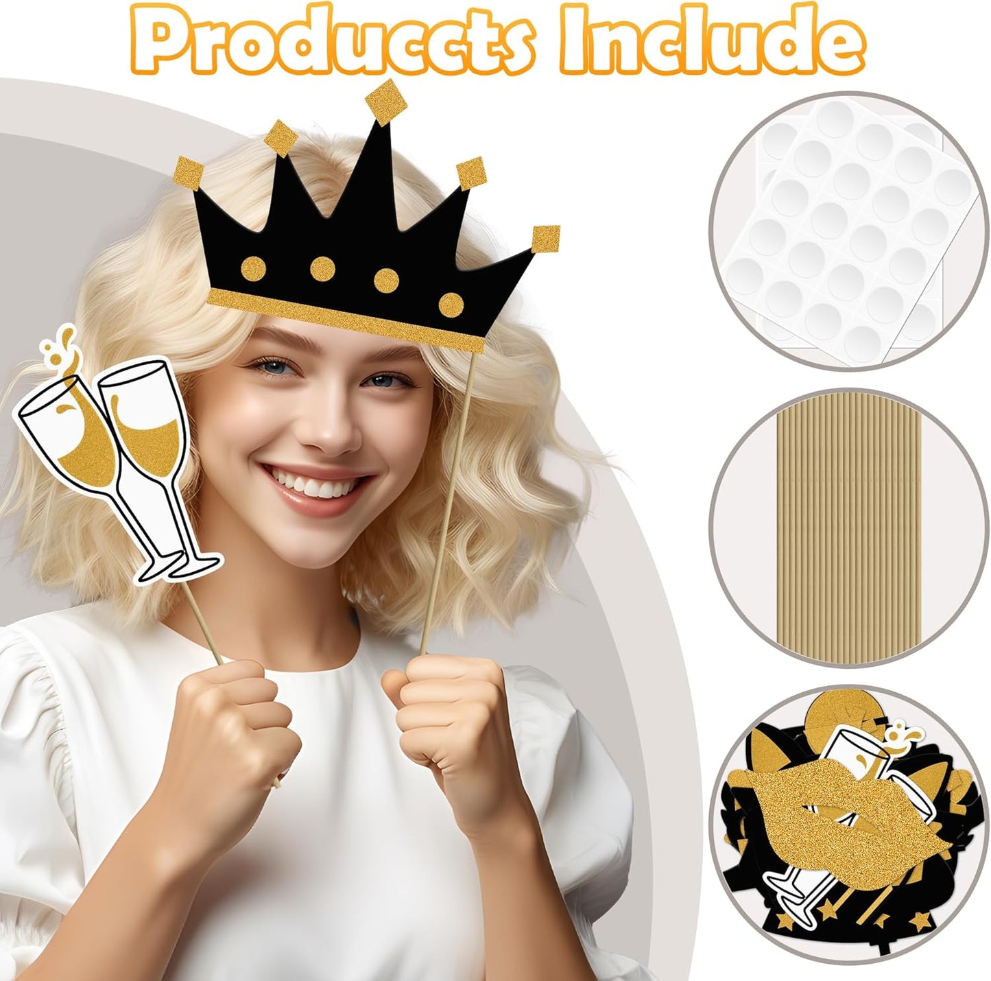 Photo Booth Props, Kaluofan 24PCS Photobooth Props, Funny Photo Props Party Props Accessories for Adults and Kids, Photo Booth Props for Wedding Birthday Christmas New Year‘s Eve(Black+Gold)