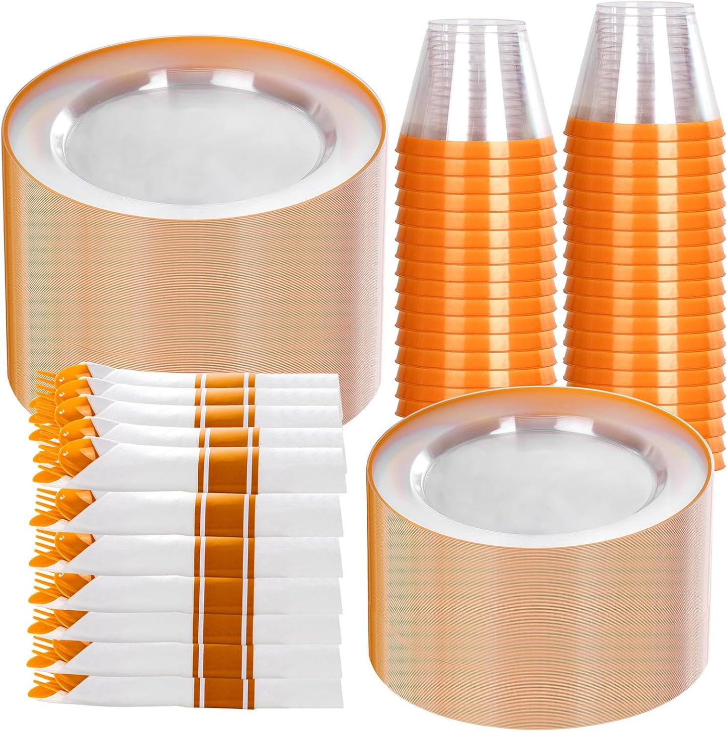 SUT 350Pcs Orange and Clear Plastic Dinnerware Set for 50 Guests, Include: 50 Dinner Plate, 50 Dessert Plates, 50 Pre Rolled Napkins With Silverware, 50 Cups, Disposable Plates for Thanksgiving, Party