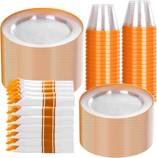 SUT 350Pcs Orange and Clear Plastic Dinnerware Set for 50 Guests, Include: 50 Dinner Plate, 50 Dessert Plates, 50 Pre Rolled Napkins With Silverware, 50 Cups, Disposable Plates for Thanksgiving, Party