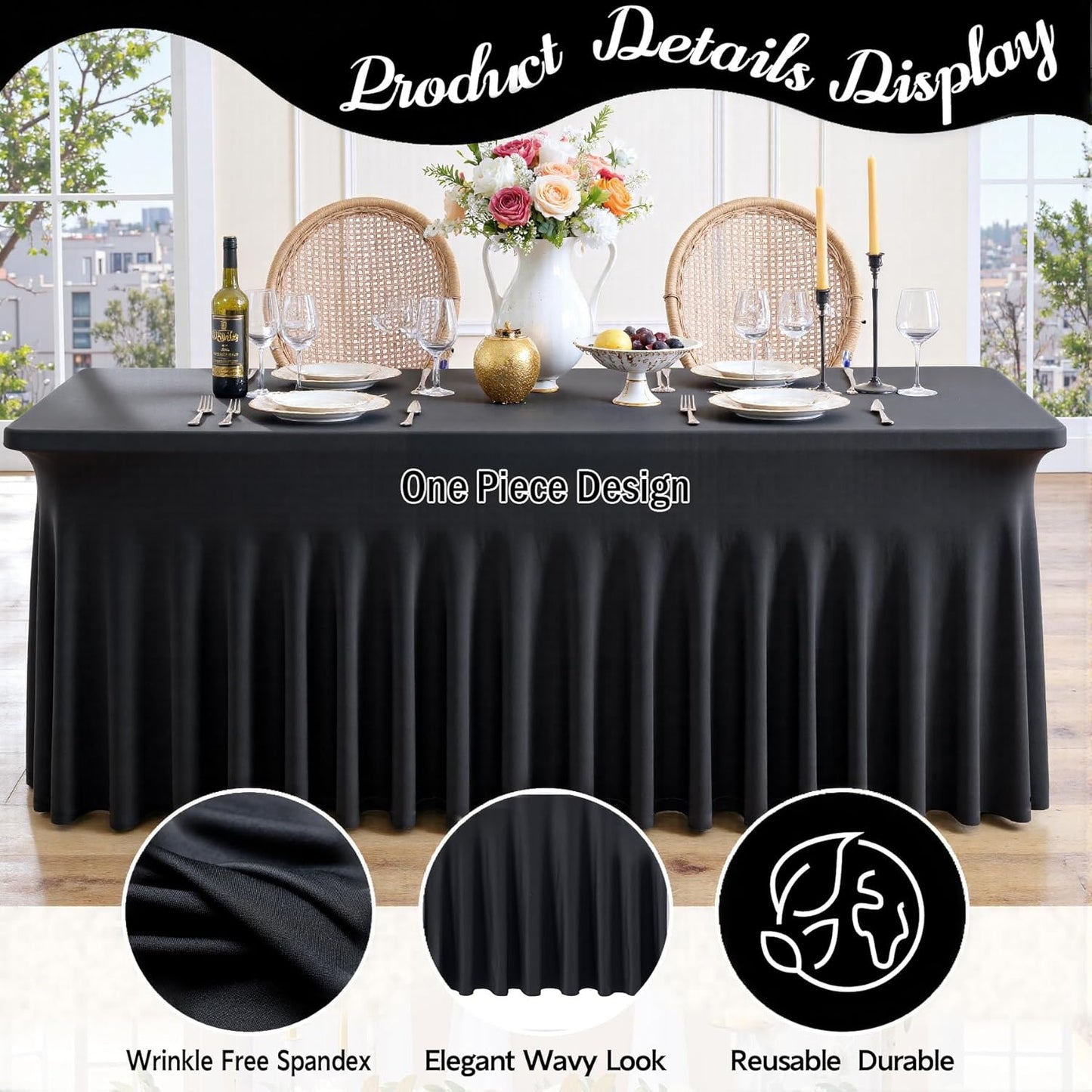 leegleri 6 Pack Black Spandex Tablecloths for 8 Foot Rectangle Tables, Wrinkle Free Fitted Table Cloths 8ft Stretchy Table Cloth Cover with Skirt for Parties Weddings Birthday Banquet Baby Shower
