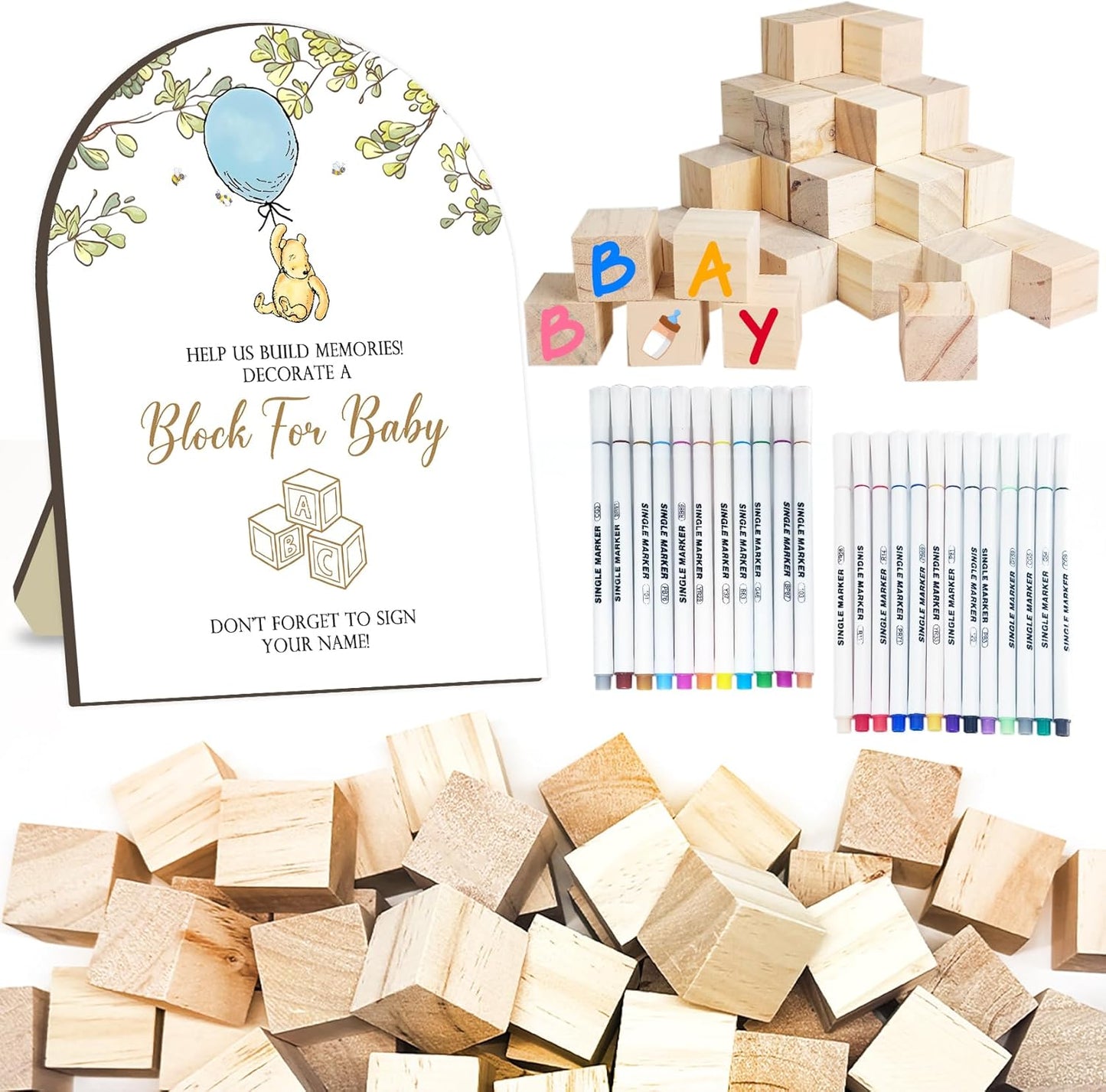 75 PCS Winnie Baby Shower Games Kit, The Pooh Baby Shower Decor, The Pooh Babies Games with 50 Blank Wooden Blocks & 24 Acrylic Paint Marker, Winnie Wooden Game Sign for Gender Reveal Party Decor