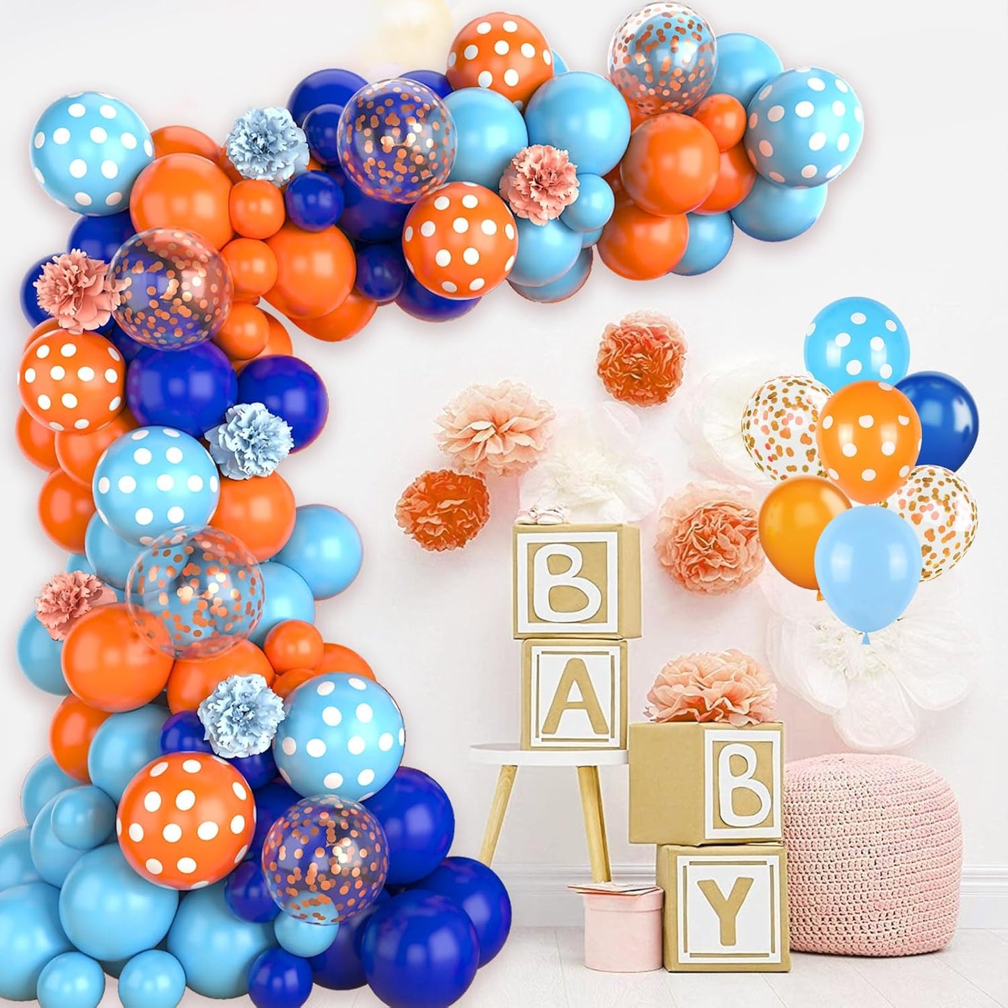Paready Blue and Orange Balloon Arch Kit, 113Pcs Royal Blue Balloon Garland Light Blue and Orange Polka Dot Party Balloons Confetti Balloons for Birthday Party Baby Shower Wedding