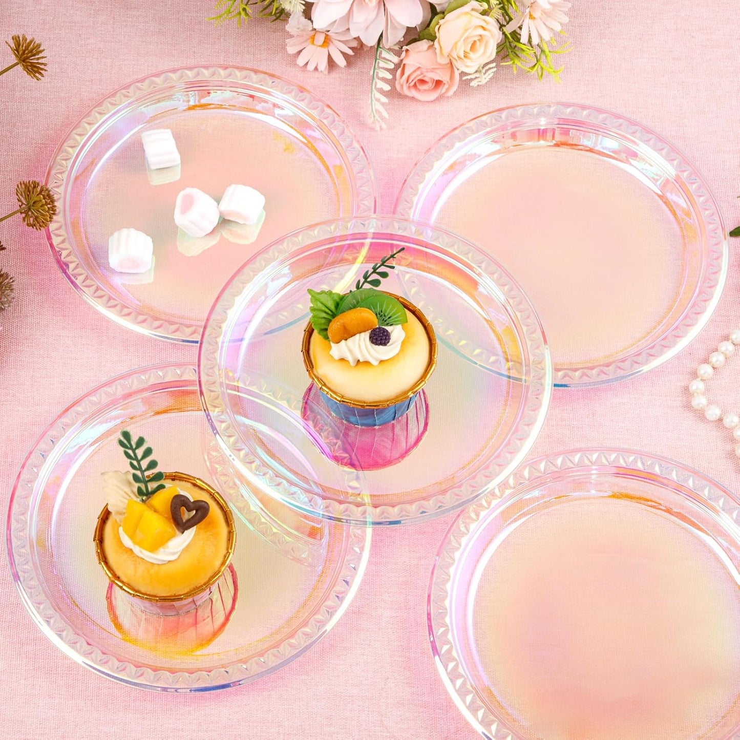 WELLIFE Iridescent Plastic Plates 7 Inch, 150 Count Disposable Plastic Dessert Party Plates for Easter Valentine's Day Disco Party Decor Wedding Birthday Baby Bridal Shower