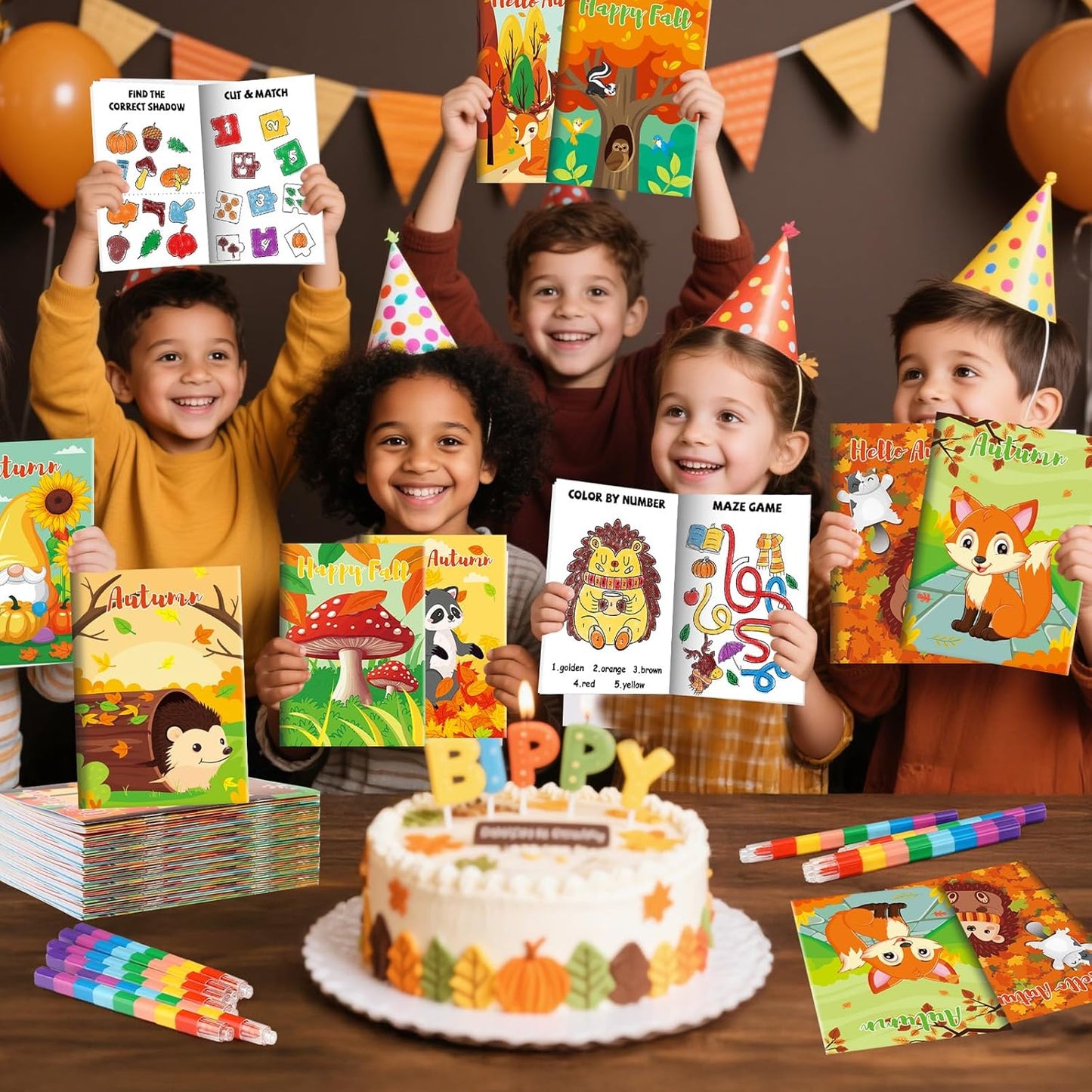 BenLouis 24 Fall Mini Activity Books with 24 Crayons for Kids ages 4-8-16 Autumn Party Favors Bulk Different Brain Game for Classroom Travel Craft Activities Thanksgiving Goodie Bag Gift Stuffer