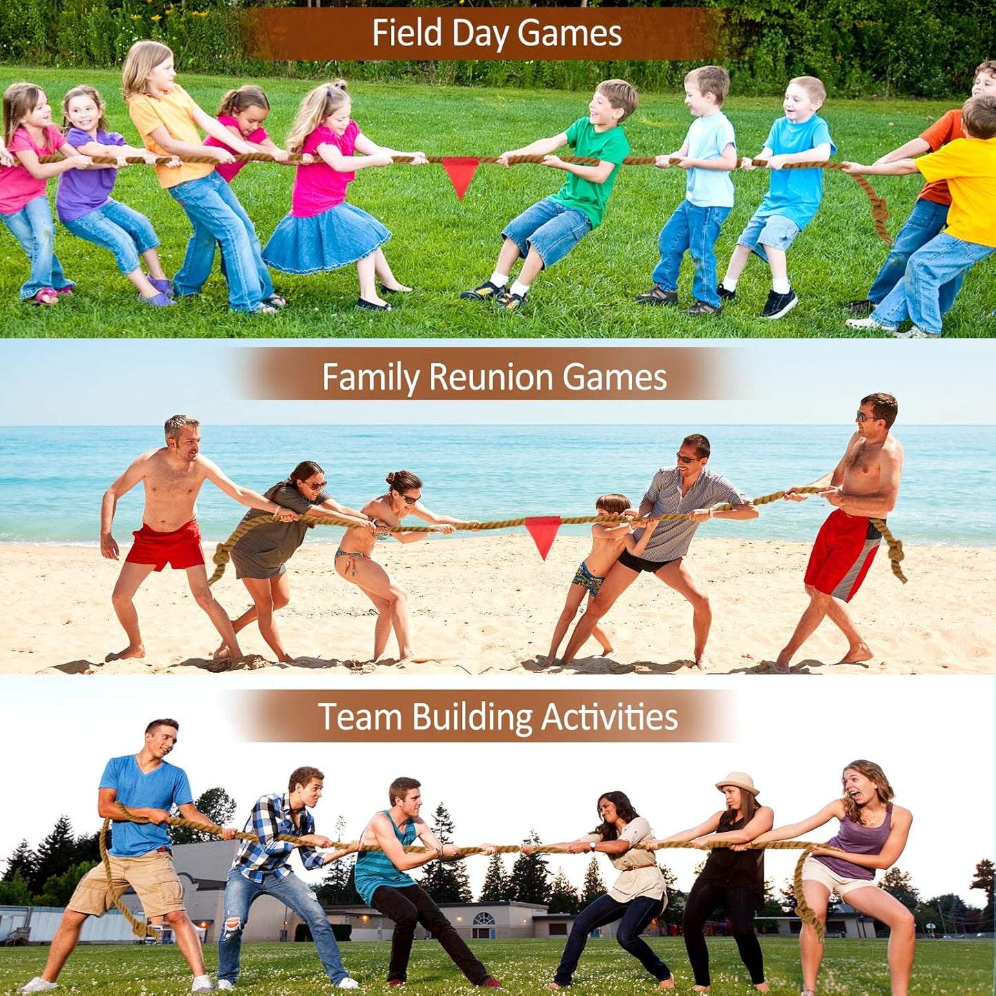 Outdoor Games Tug of War Rope for Kids and Adults, Field Day Family Reunion Birthday Party Games, Camping Picnic Games, Outside Yard Lawn Carnival Game, Fun for Team Building Activities, 20FT, Brown