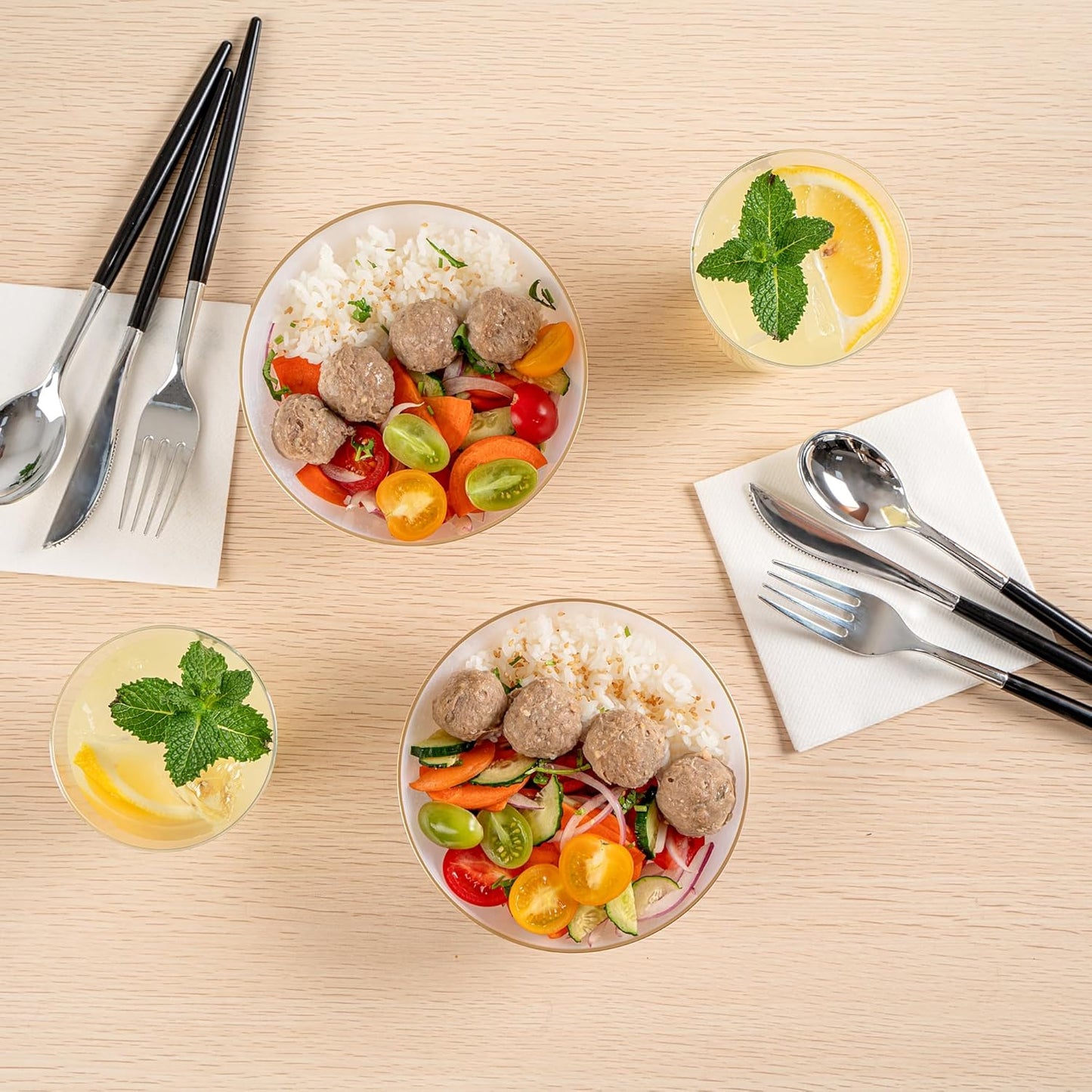 Restaurantware Plastic Bowls 100 Pcs 16 oz Gold Rimmed Disposable Soup Bowls Heavy-Duty White Translucent Rippled Dinnerware Containers for Party, Desserts, Salads, Snacks, and Catering