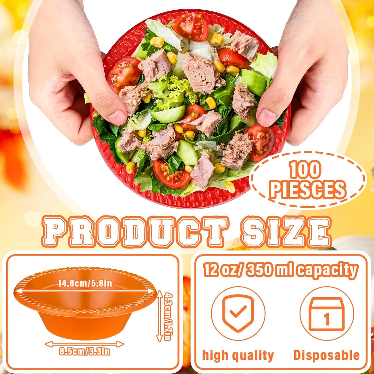 Layhit 100 Pcs Thanksgiving Plastic Bowls 12 oz Disposable Salad Yellow Red Orange Plastic Serving Autumn Party Supplies Candy Snack Bowls for Thanksgiving Harvest Party Picnic