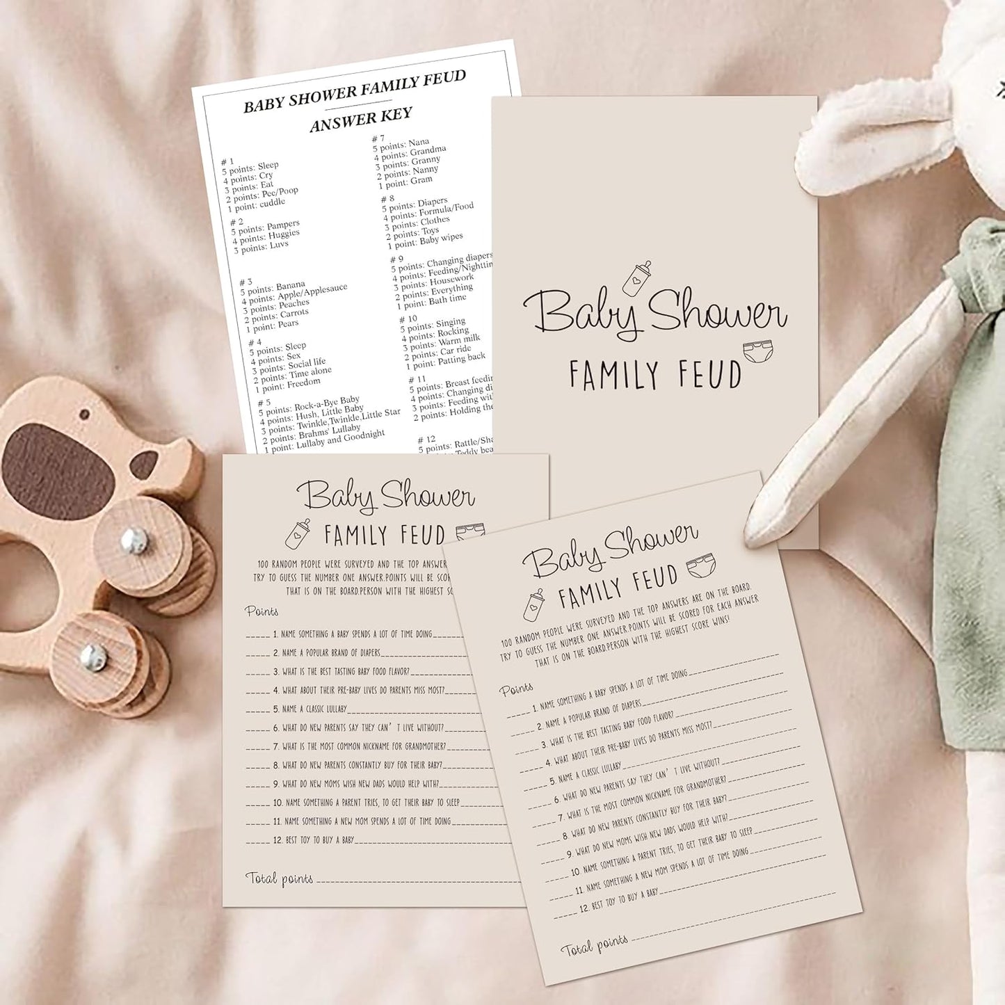 Baby Shower Family Feud Game - 30 Cards, Answer Key, Gender Neutral Decorations for Boy & Girl - Light Brown