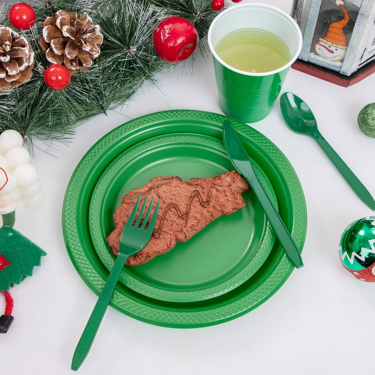 MirthMood 350pcs Green Party Supplies, Disposable Plates Set, Including Green Plastic Plates and Napkins, Plastic Cutlery and 12OZ Cups, Serve 50 Guests