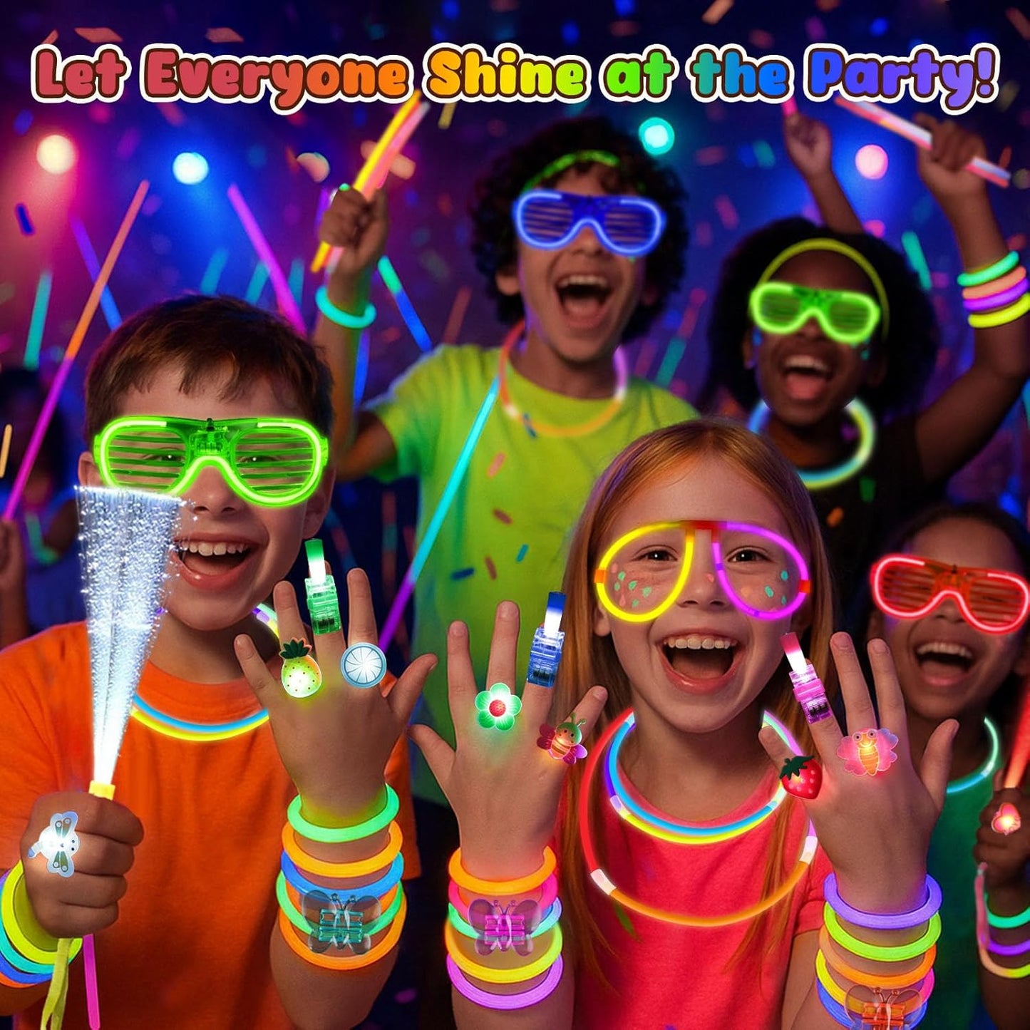 LovesTown Glow in the Dark Party Supplies for Kids Adults, 260PCS Light up Party Favors with LED Glasses Glow Sticks Finger Lights for Christmas New Year Raves Birthday Wedding