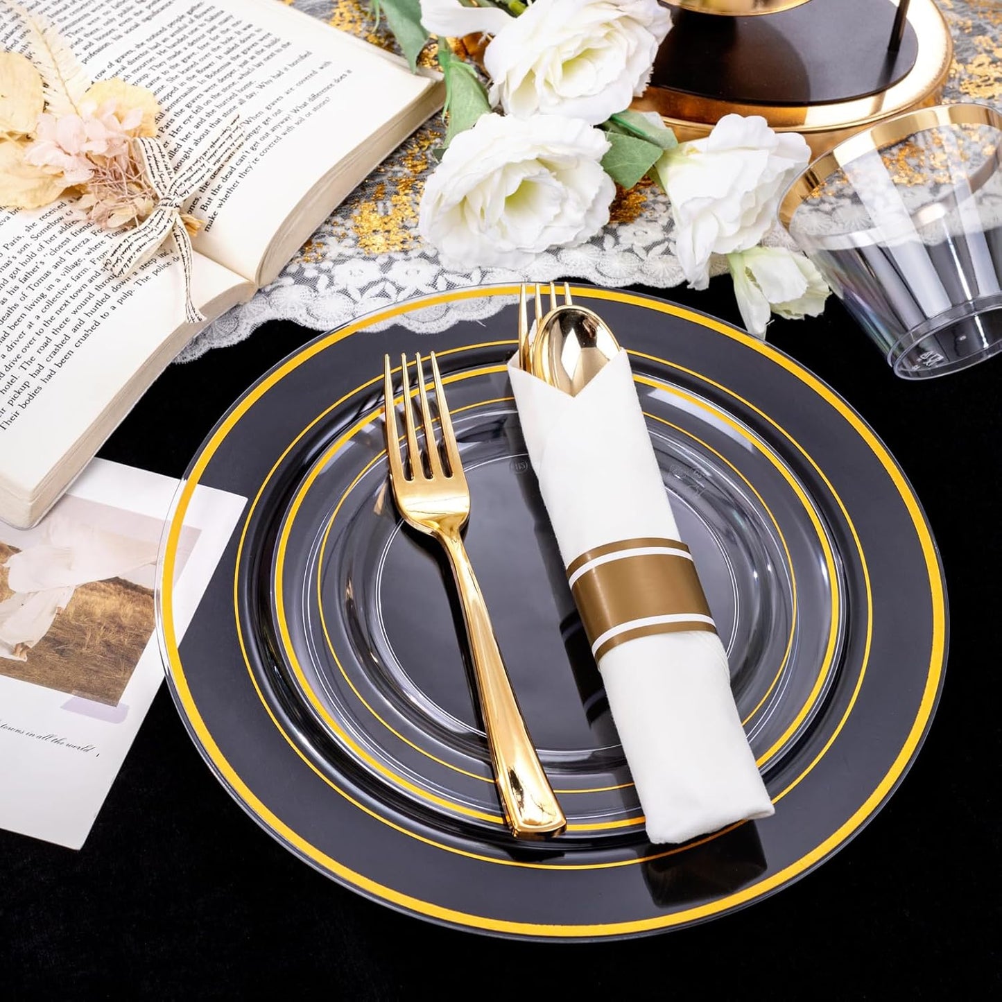 I00000 210Pcs Clear Gold Plastic Plates for 30 Guests, Includes: 30 Dinner Plates, 30 Dessert Plates, 30 Gold Cups, 30 Rolled Napkins with Cutlery