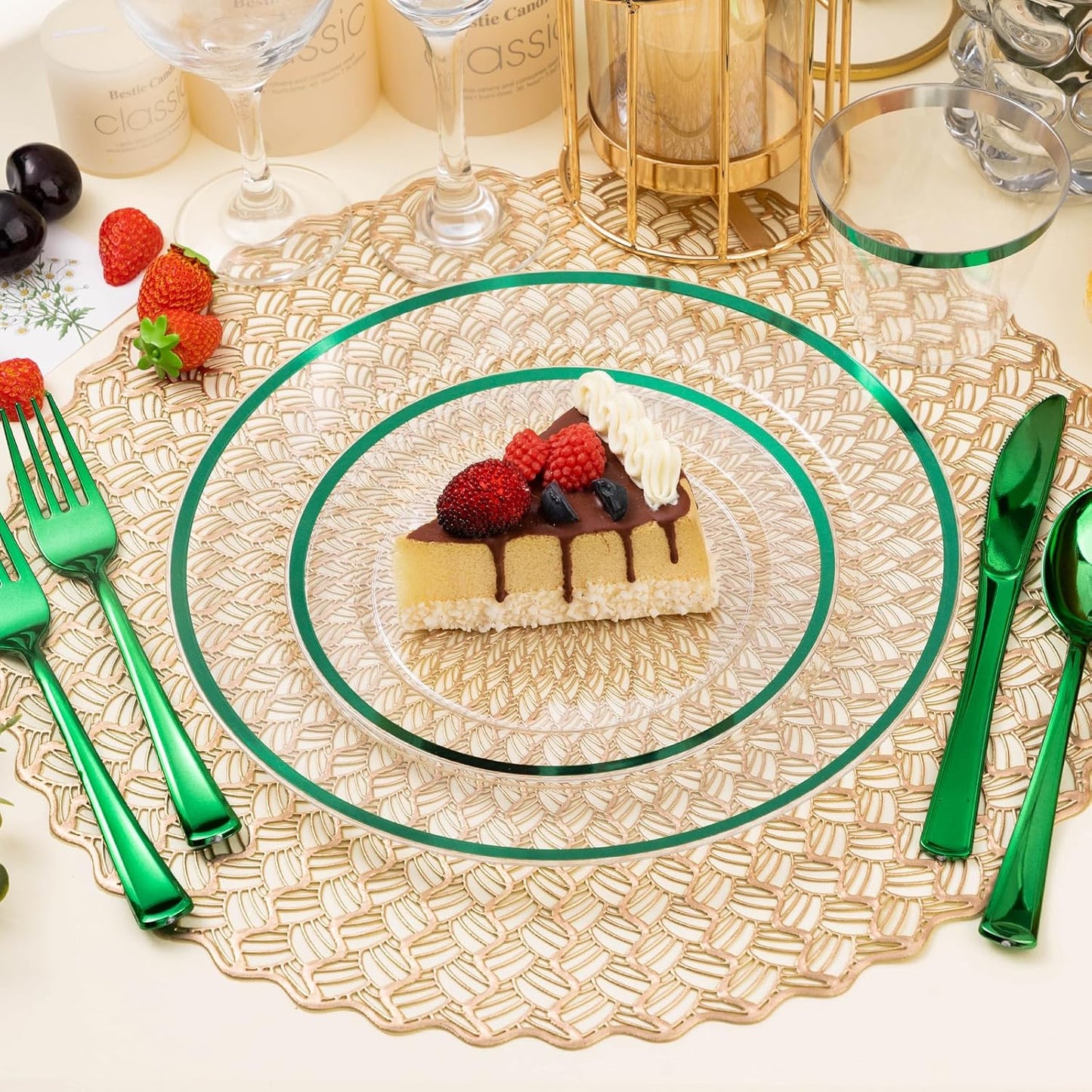 200PCS Green and Clear Plastic Plates, Green Disposable Plate Set with 100 Dinner Plates and 100 Dessert Plate for Party, St. Patrick's Day