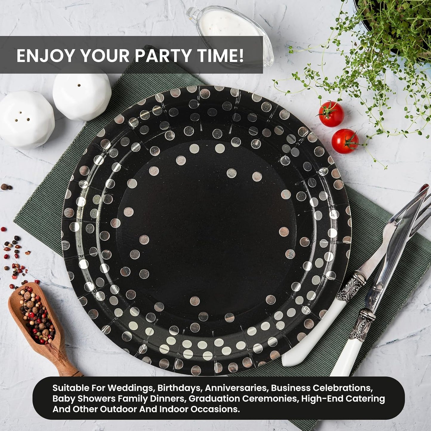 75PCS Paper Plates and Napkins Set - Black and Sliver Dot Disposable Party Dinnerware Includes Paper Plates, Napkins, Forks Decorations for Graduations, Birthdays and Weddings, Serves 25