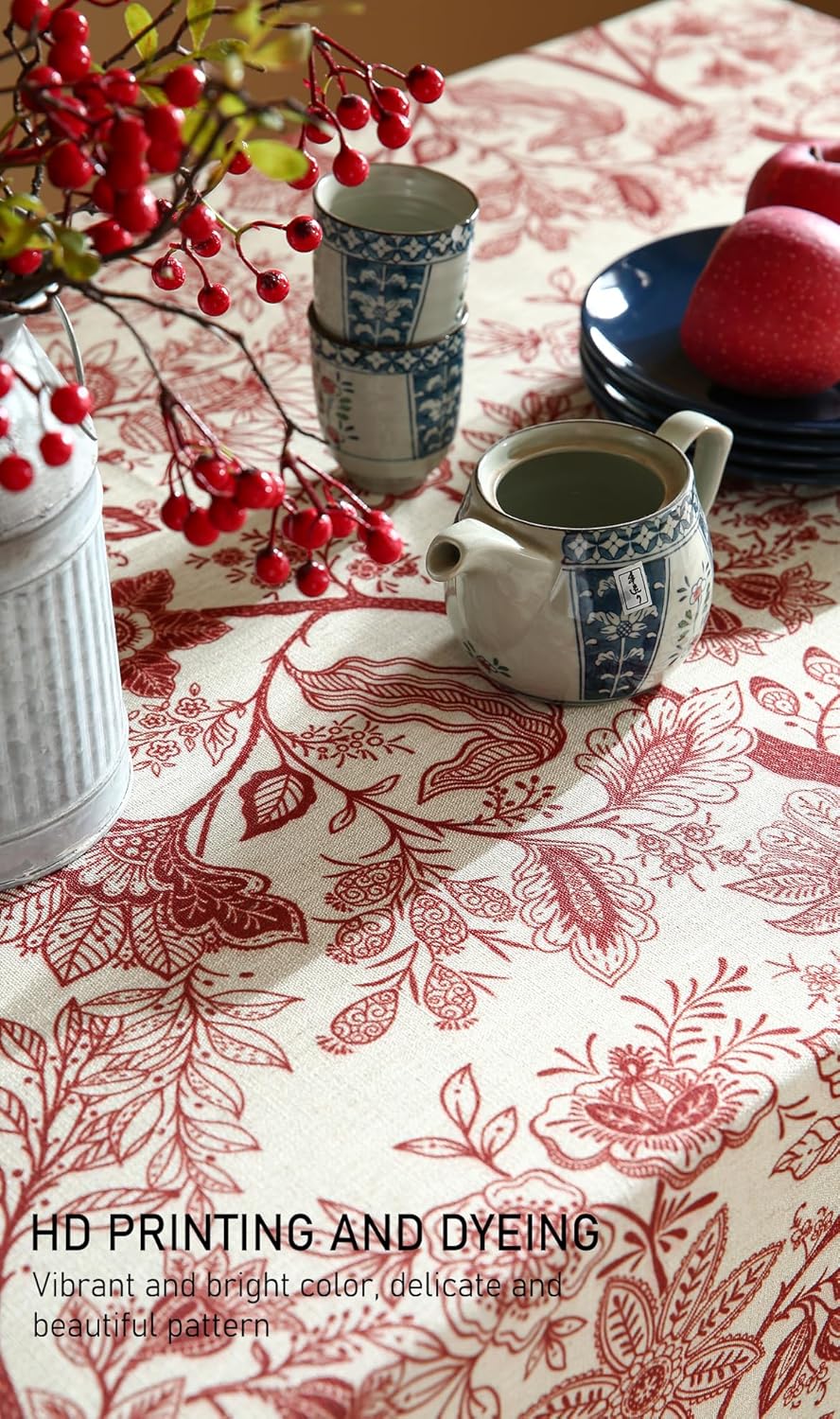 ISAENNE Designer French Linen Extra Long Rectangle Tablecloth,Red Floral Washable Indoor Table Cloth,Durable Home Decor Tablecloths for Dining Thanksgiving Kitchen Party,63"*110"-Ruyi A