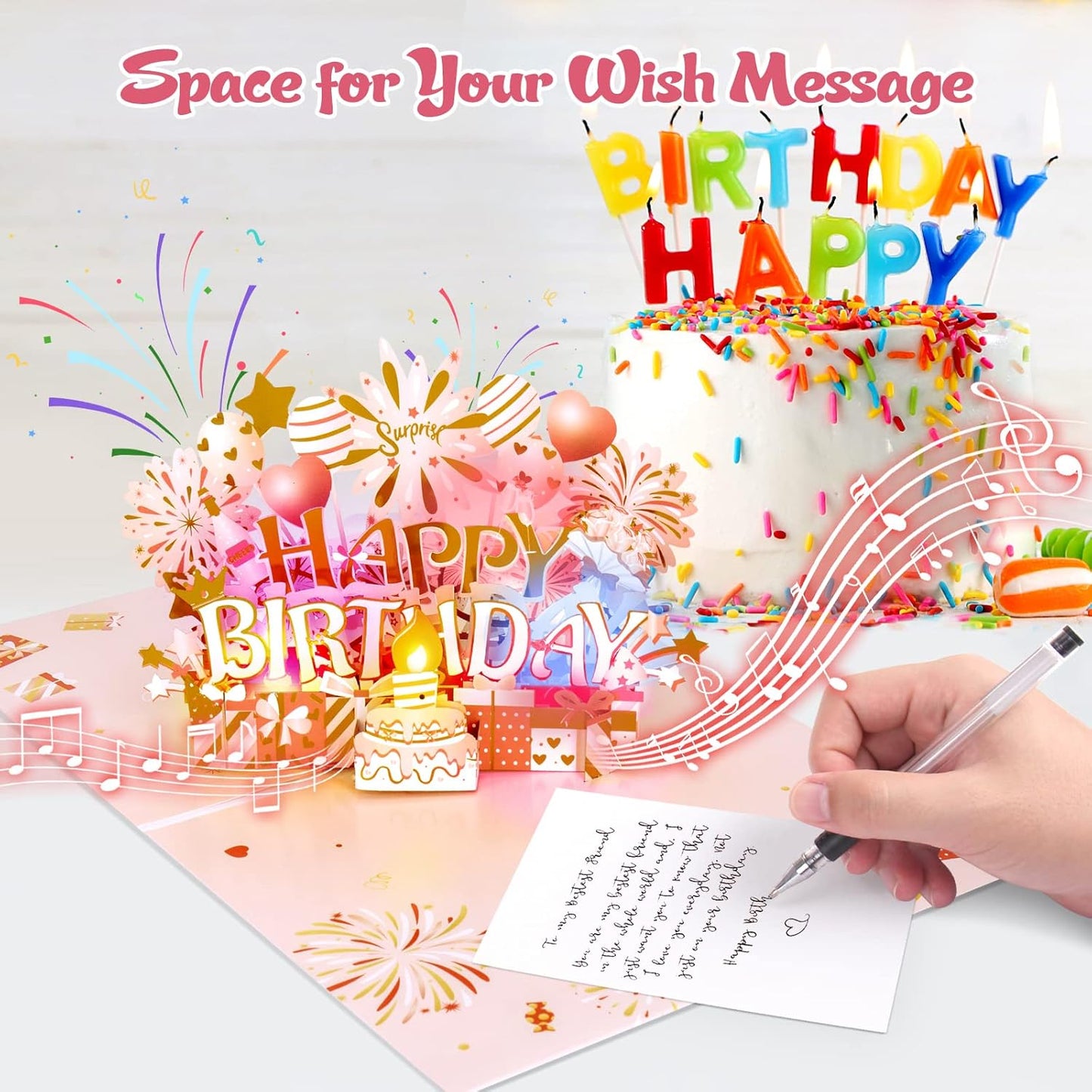 INPHER Birthday Cards for Women Pop Up Happy Birthday Card Blowable LED Candle Light and Music Birthday Gifts for Women Mom Wife Grandma Rose Gold
